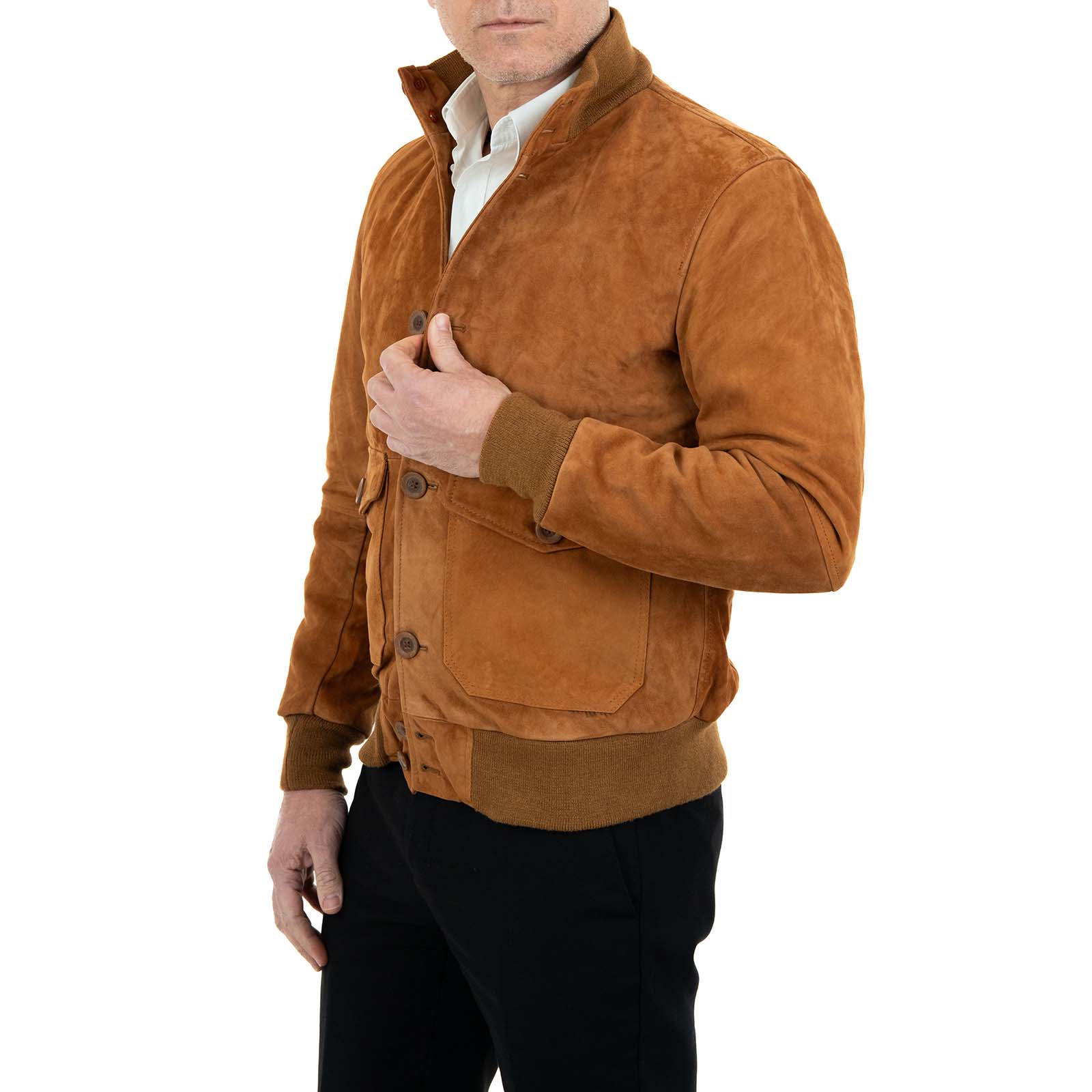 Slim Men's Burnt Suede Bomber Jacket With Buttons And Big Pockets Rindway