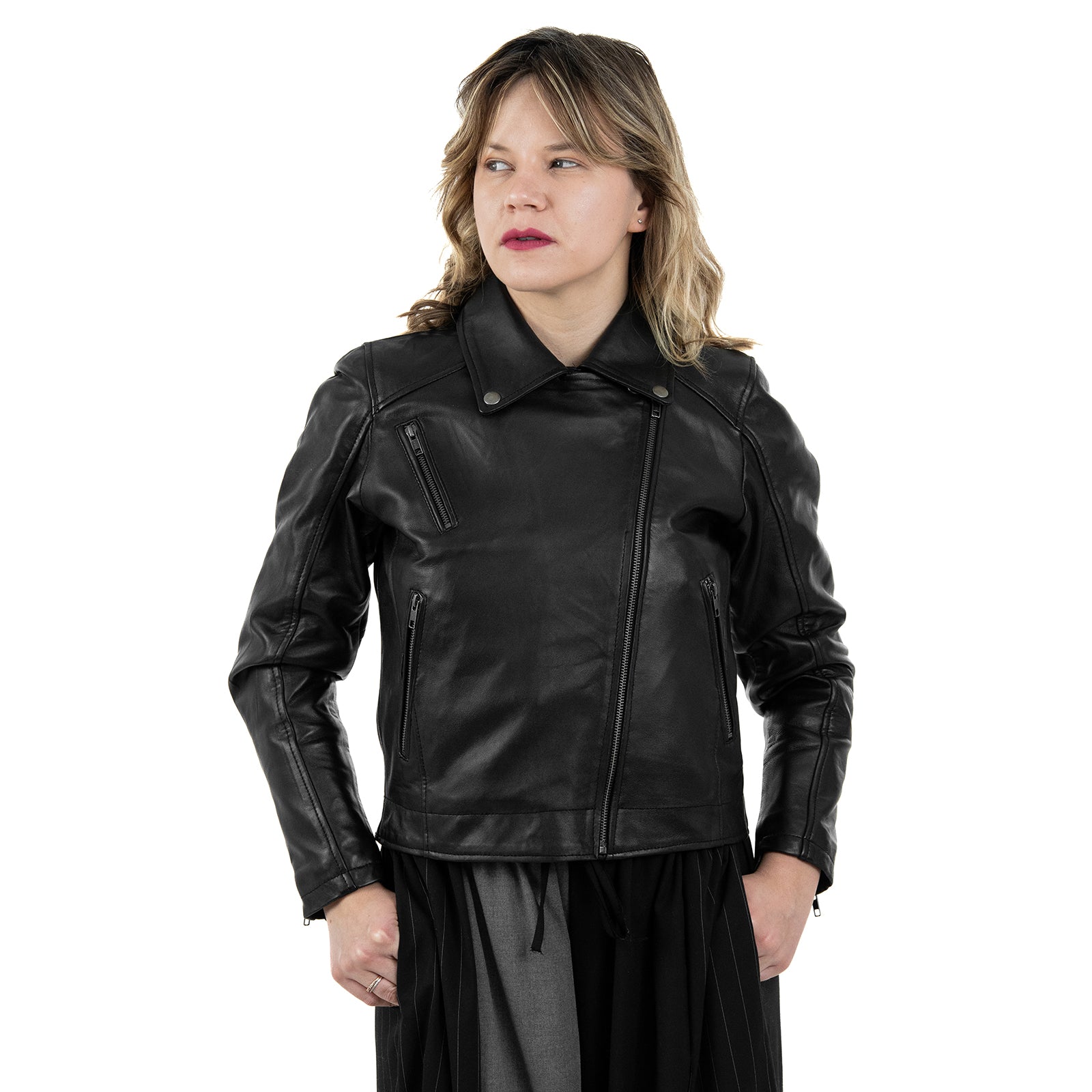 Chiodo Giacca In Vera Pelle Donna Slim Fit Polsi Con Cerniera Cod.P05