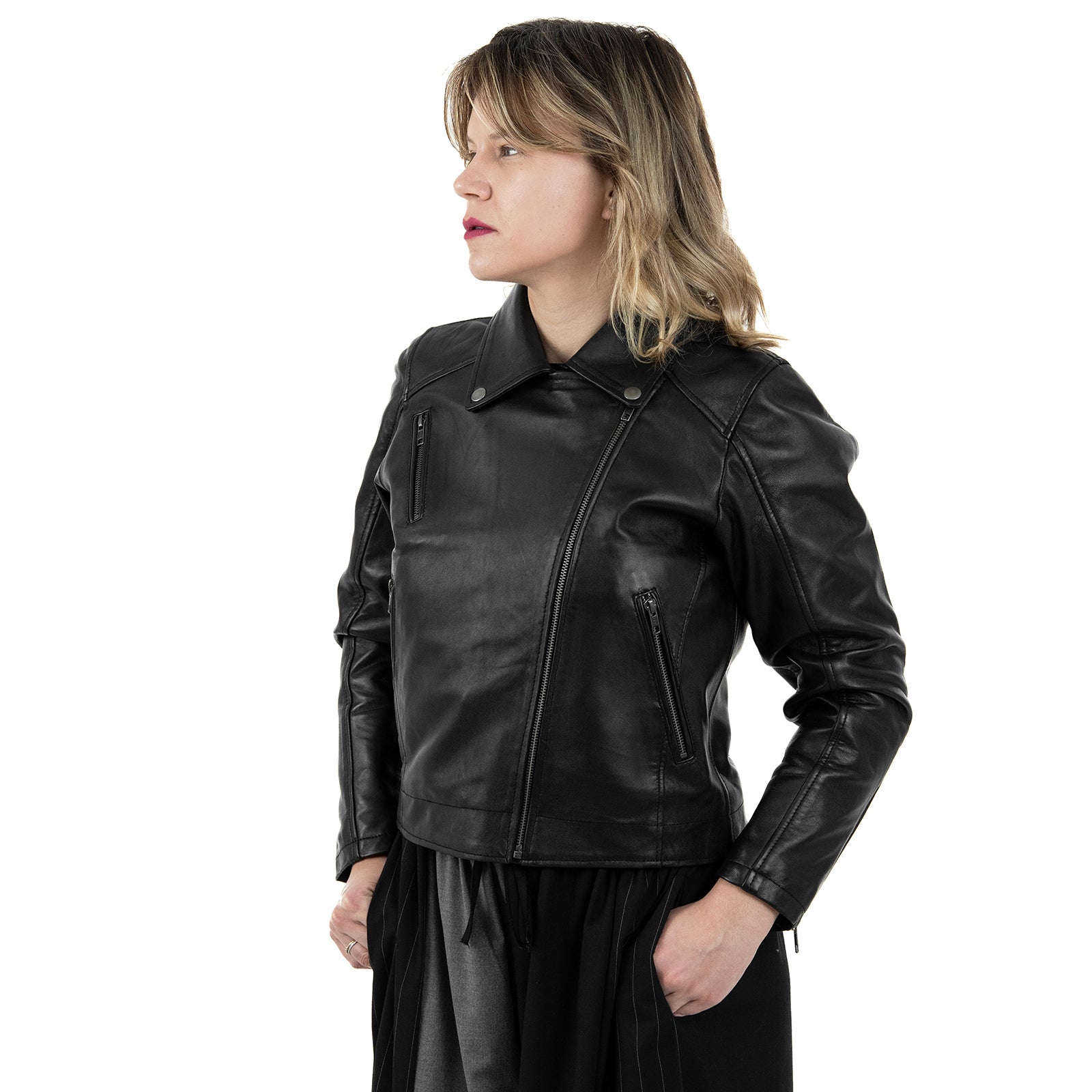 Chiodo Giacca In Vera Pelle Donna Slim Fit Polsi Con Cerniera Cod.P05