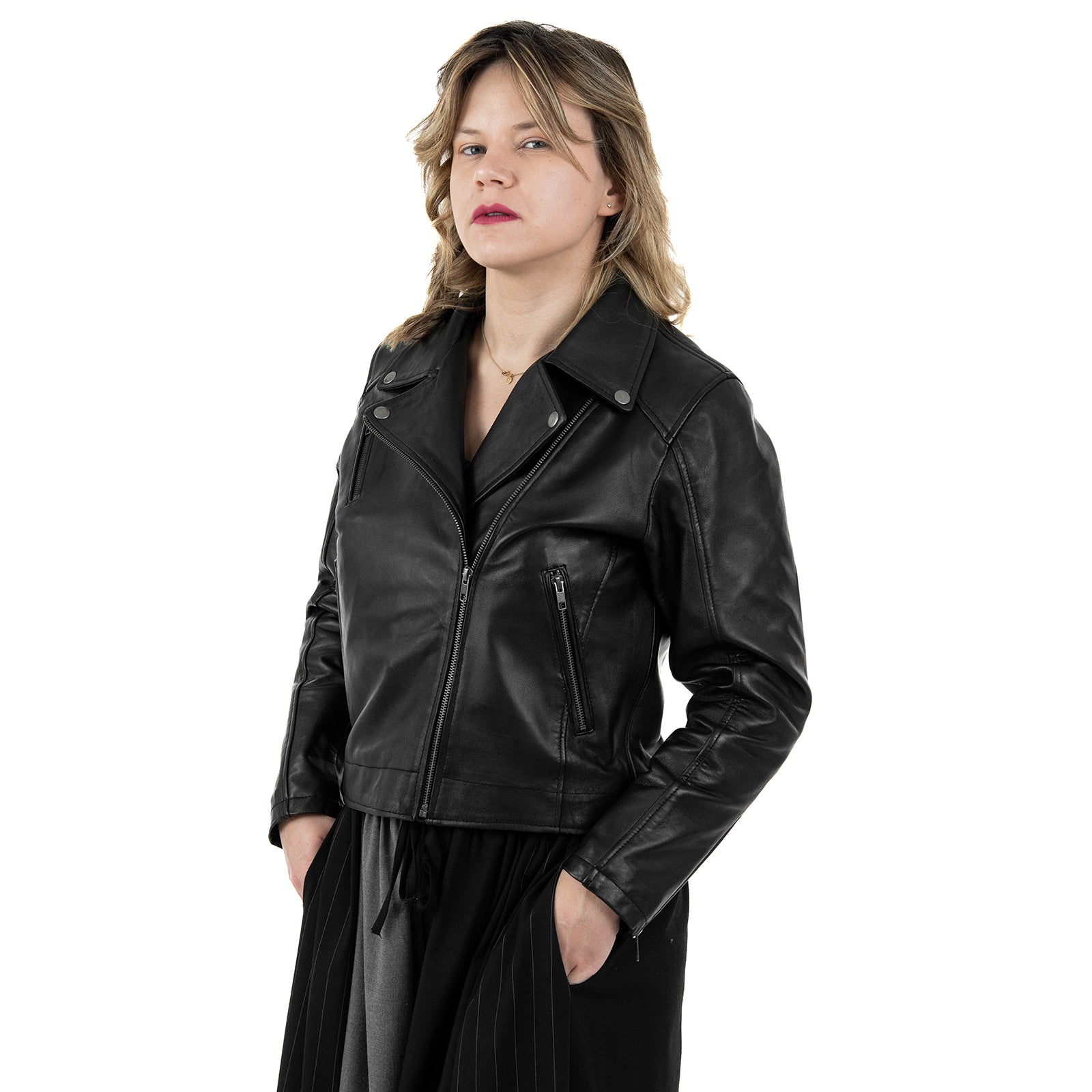 Chiodo Giacca In Vera Pelle Donna Slim Fit Polsi Con Cerniera Cod.P05