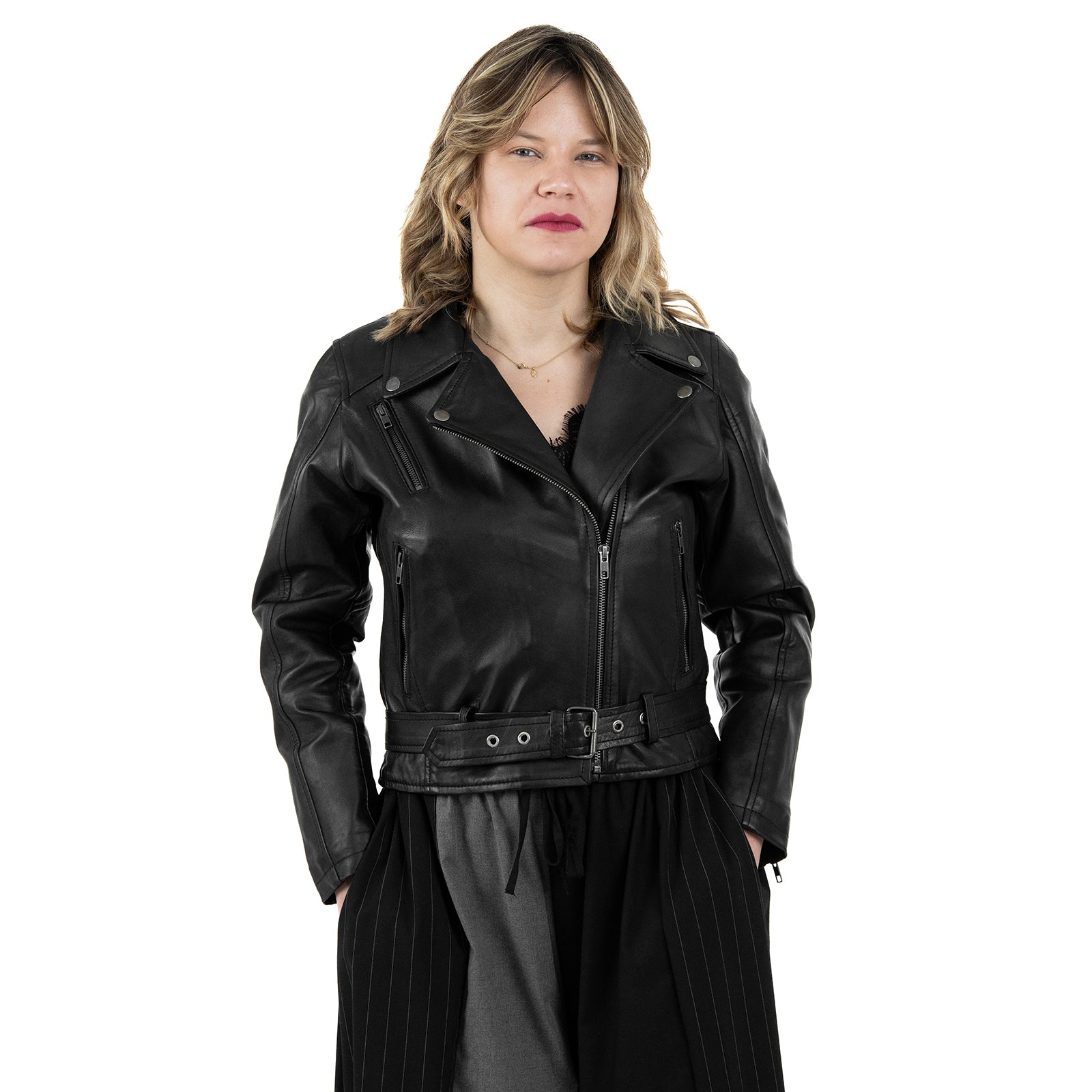 Chiodo Giacca In Vera Pelle Donna Slim Fit Con Cintura Cod.P04