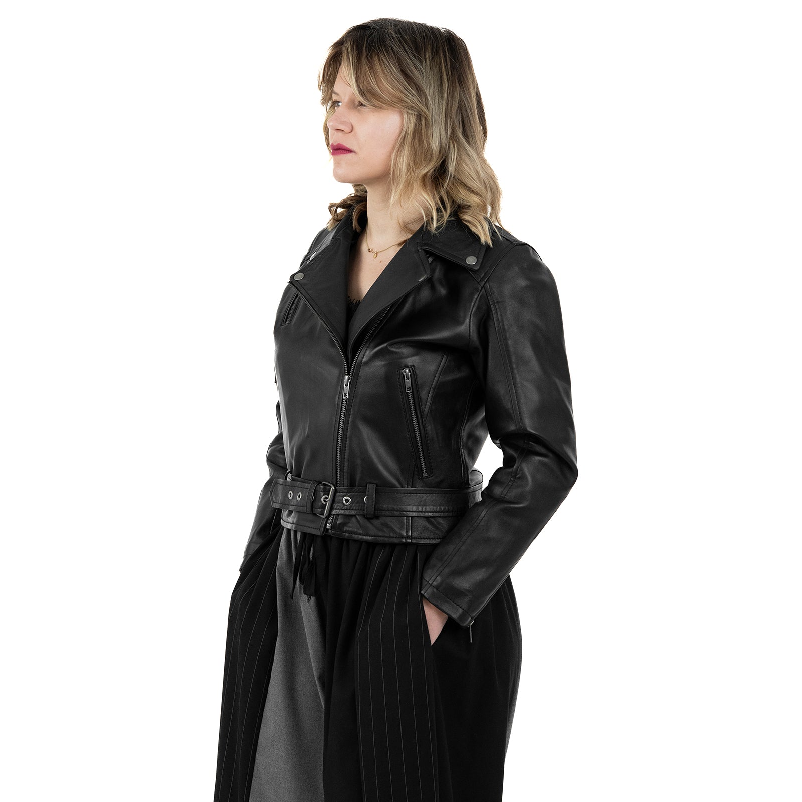 Chiodo Giacca In Vera Pelle Donna Slim Fit Con Cintura Cod.P04