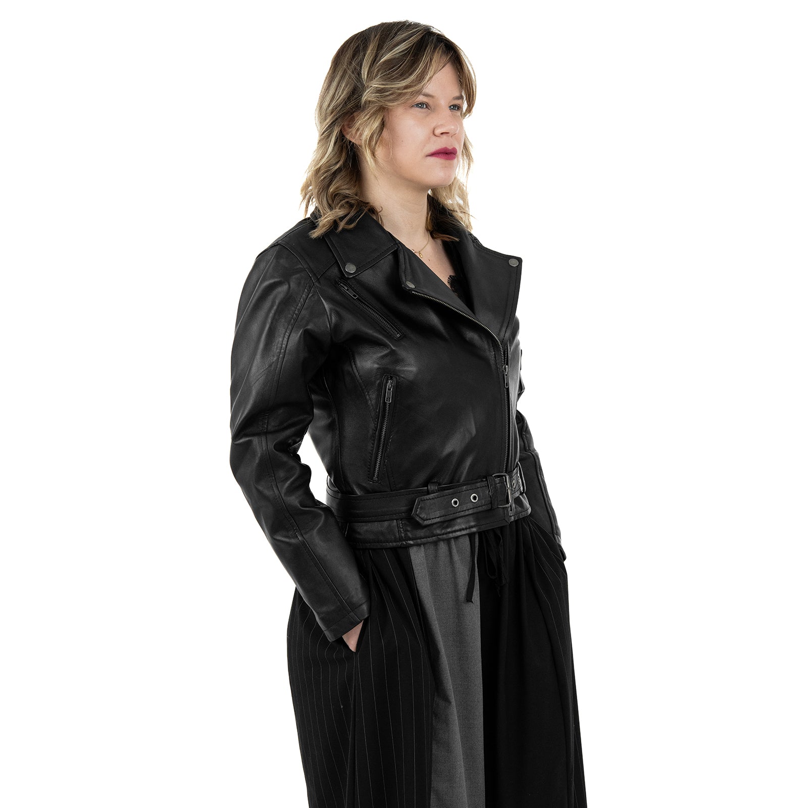 Chiodo Giacca In Vera Pelle Donna Slim Fit Con Cintura Cod.P04