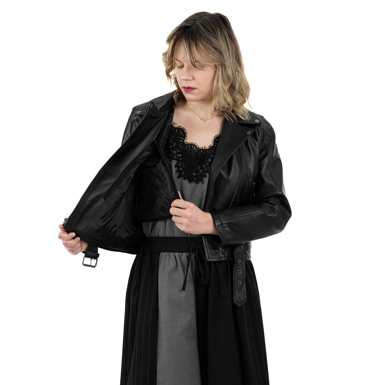 Chiodo Giacca In Vera Pelle Donna Slim Fit Con Cintura Cod.P04