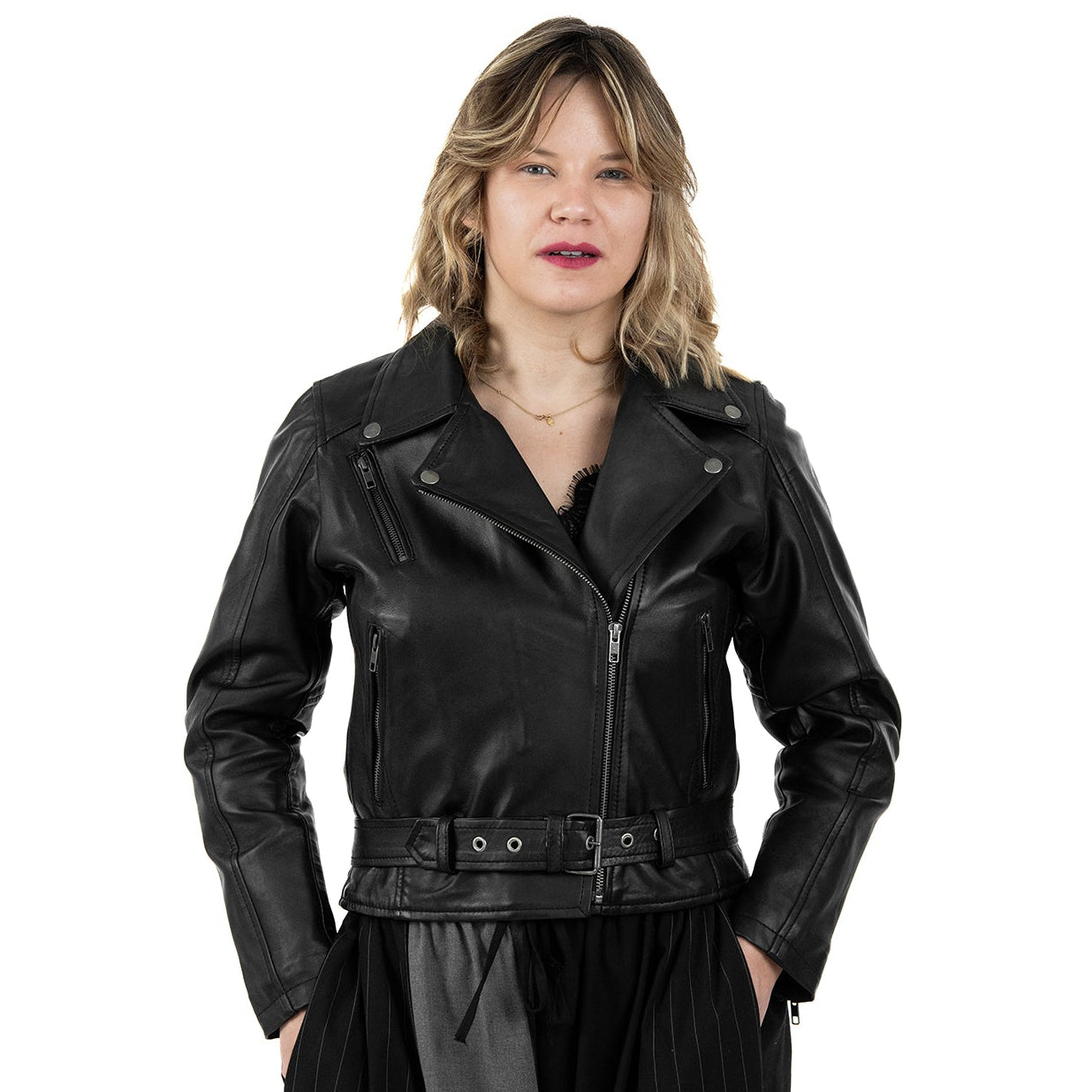 Chiodo Giacca In Vera Pelle Donna Slim Fit Con Cintura Cod.P04