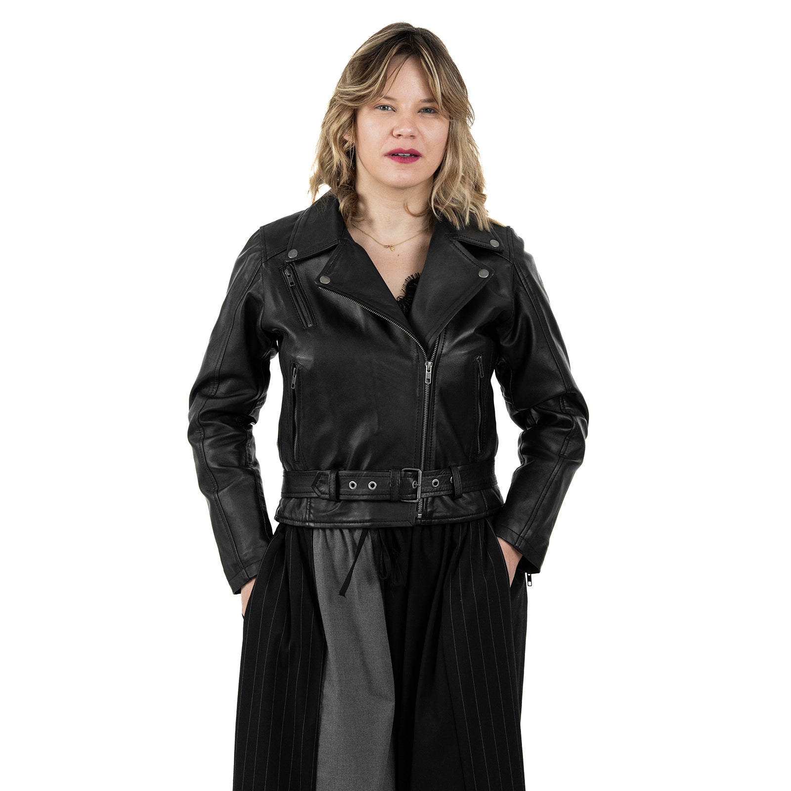 Chiodo Giacca In Vera Pelle Donna Slim Fit Con Cintura Cod.P04