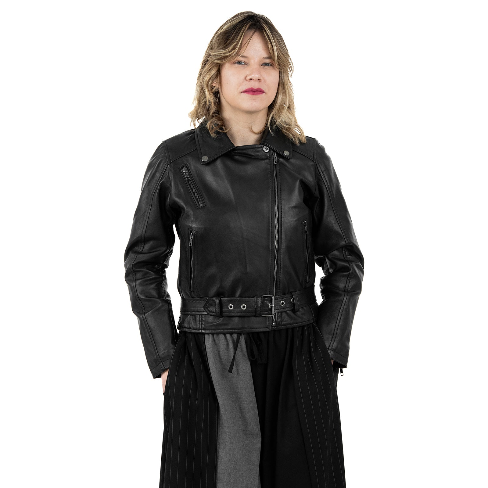 Chiodo Giacca In Vera Pelle Donna Slim Fit Con Cintura Cod.P04