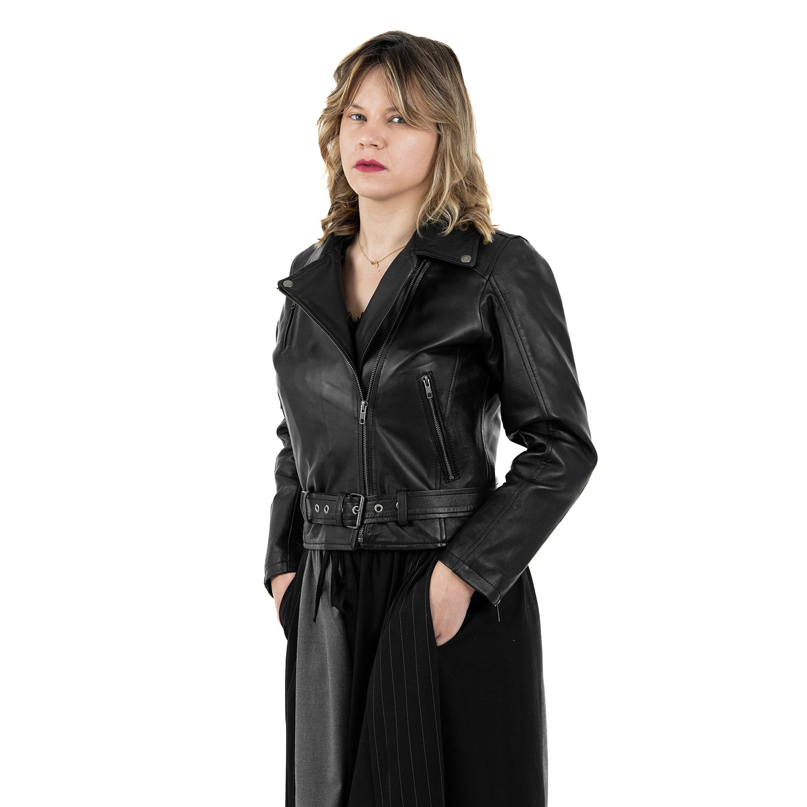 Chiodo Giacca In Vera Pelle Donna Slim Fit Con Cintura Cod.P04