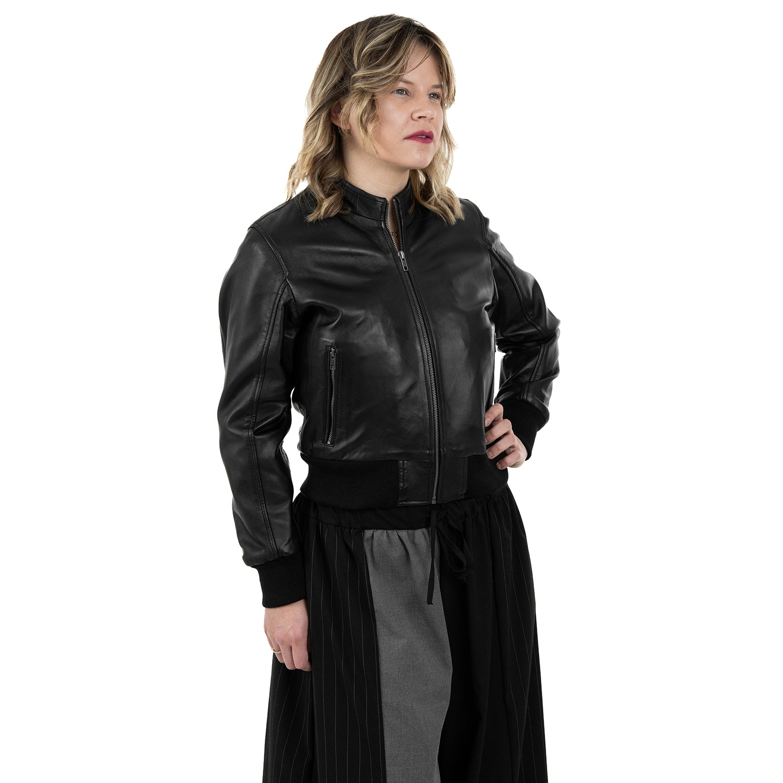 Bomber Giubbotto In Vera Pelle Donna Slim Fit Corto Con Collo in Pelle Cod.P01