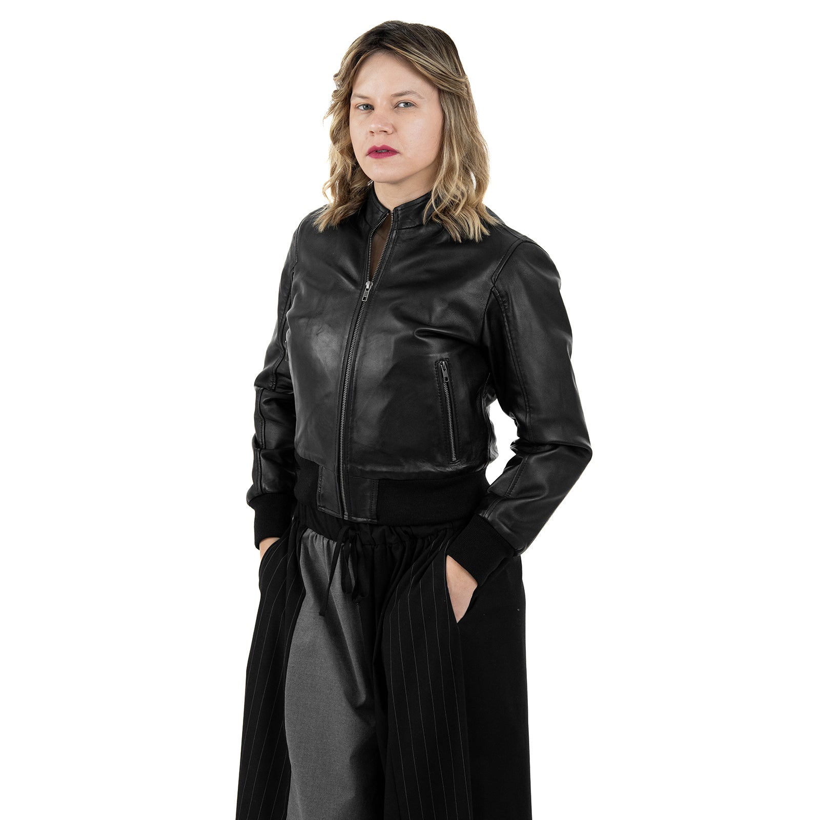 Bomber Giubbotto In Vera Pelle Donna Slim Fit Corto Con Collo in Pelle Cod.P01