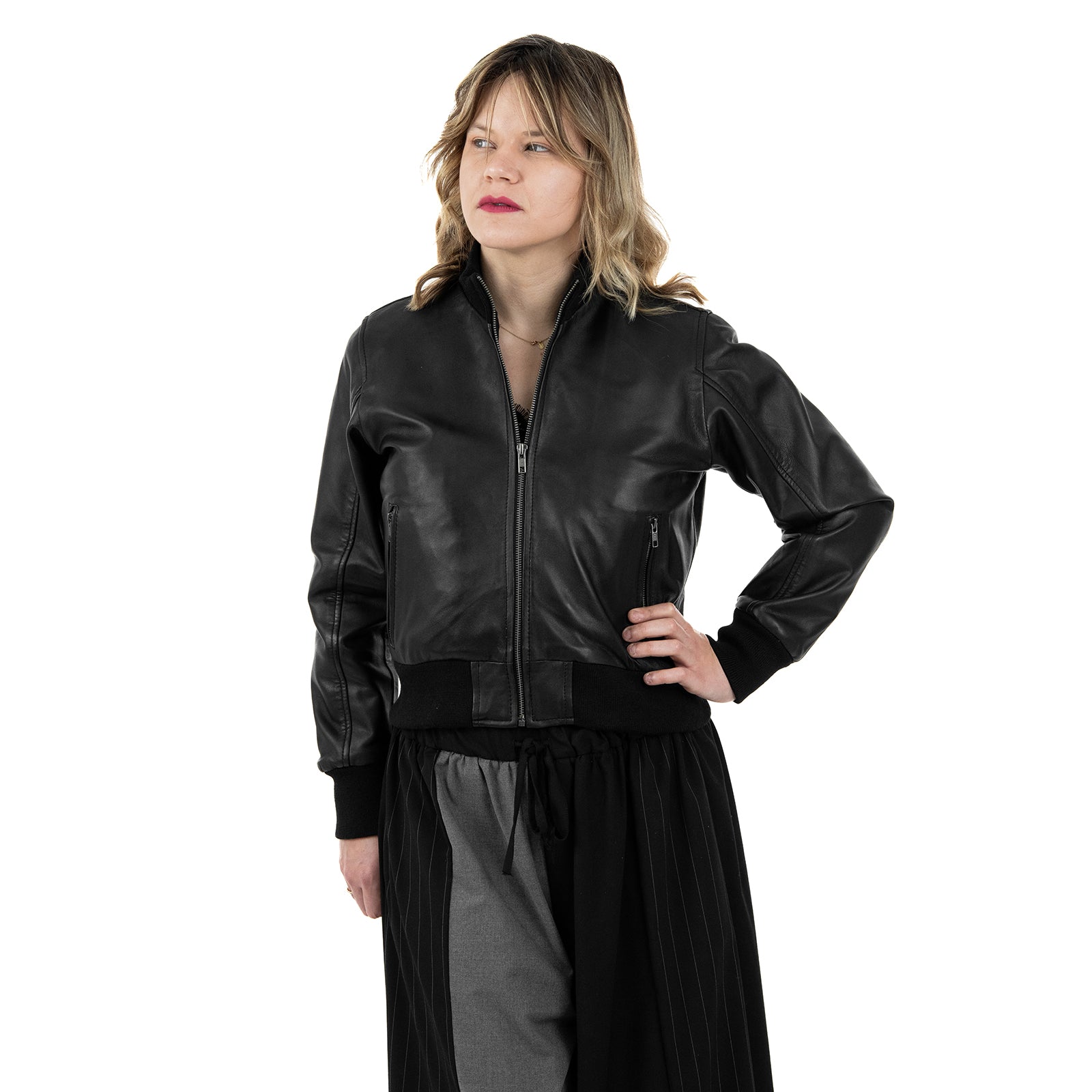 Bomber Giubbotto In Vera Pelle Donna Slim Fit Corto Con Cerniera Cod.P02