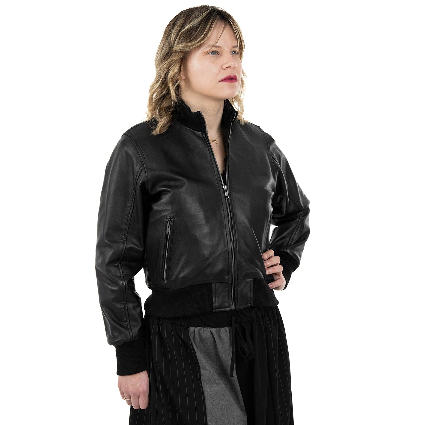 Bomber Giubbotto In Vera Pelle Donna Slim Fit Corto Con Cerniera Cod.P02