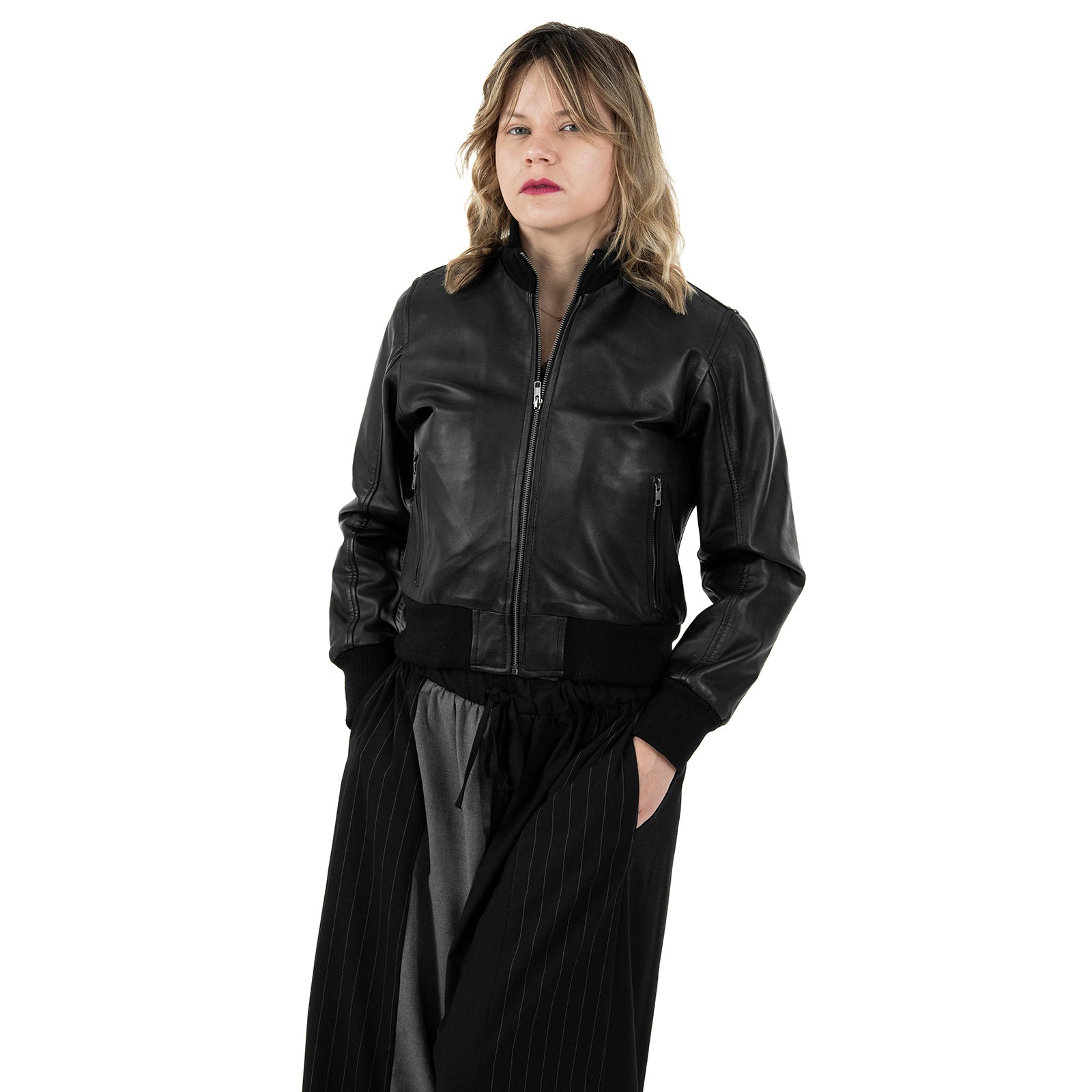 Bomber Giubbotto In Vera Pelle Donna Slim Fit Corto Con Cerniera Cod.P02