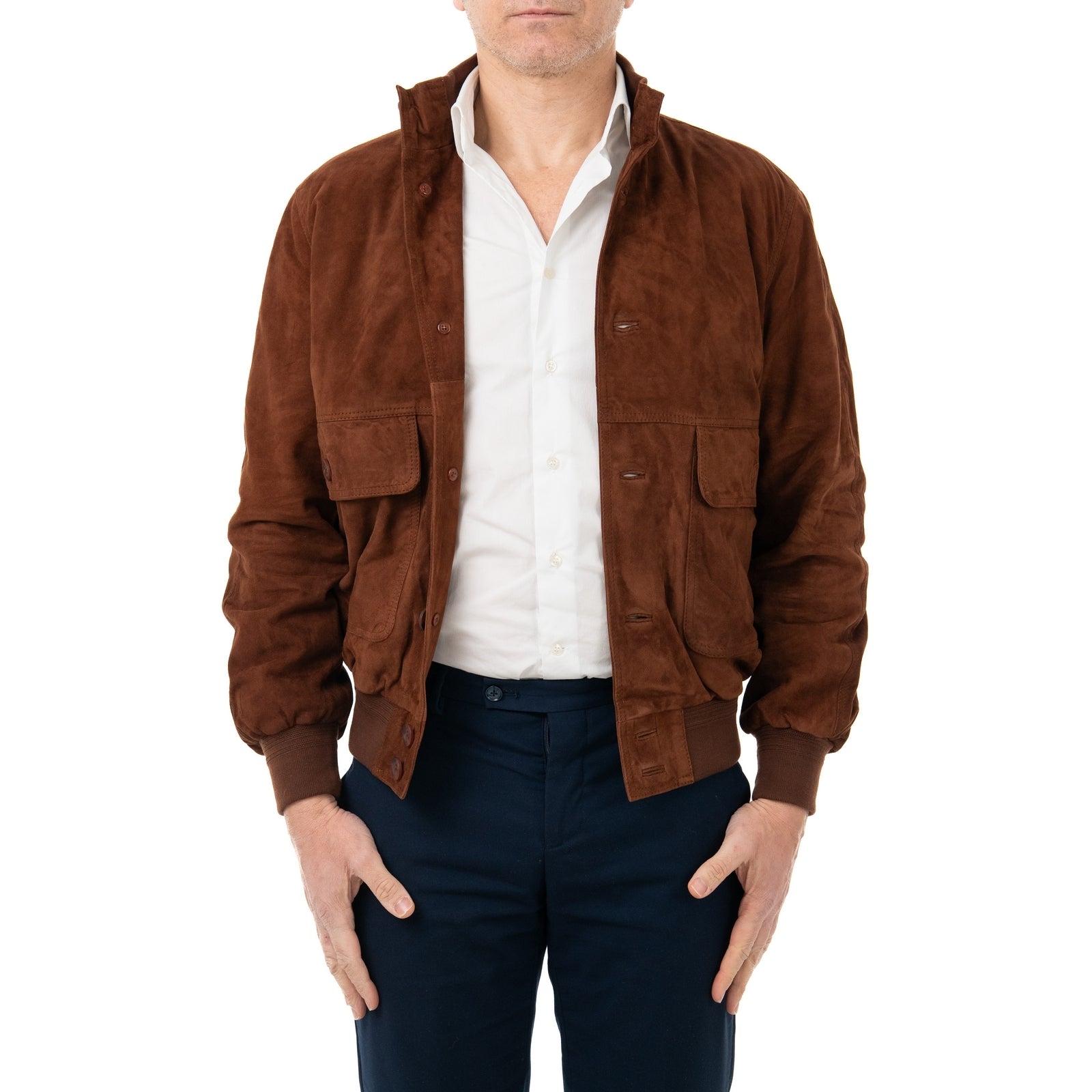 Giacca Bomber In Vera Pelle Camoscio Light Tabacco Uomo Slim Con Bottoni E Tasconi Rindway
