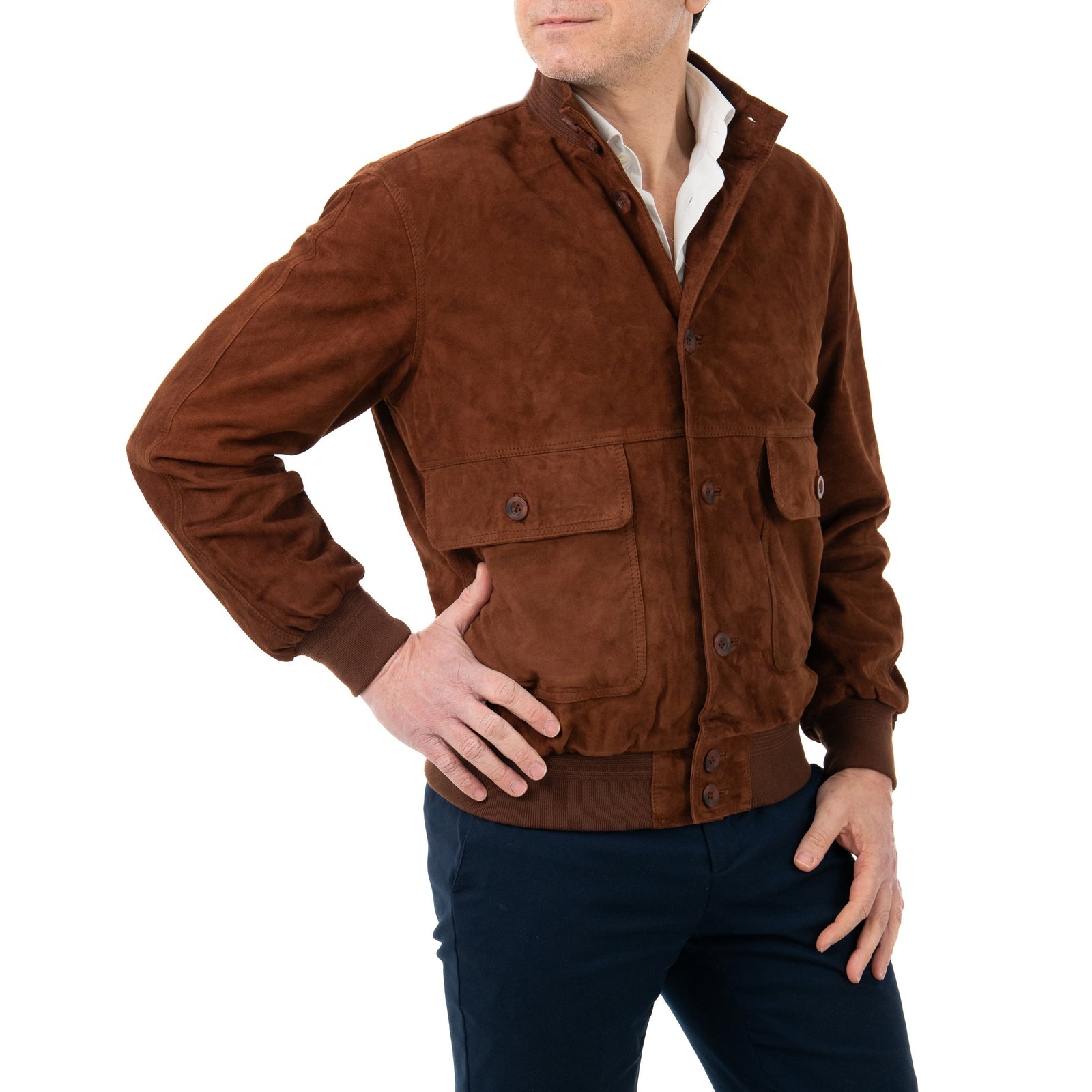 Giacca Bomber In Vera Pelle Camoscio Light Tabacco Uomo Slim Con Bottoni E Tasconi Rindway