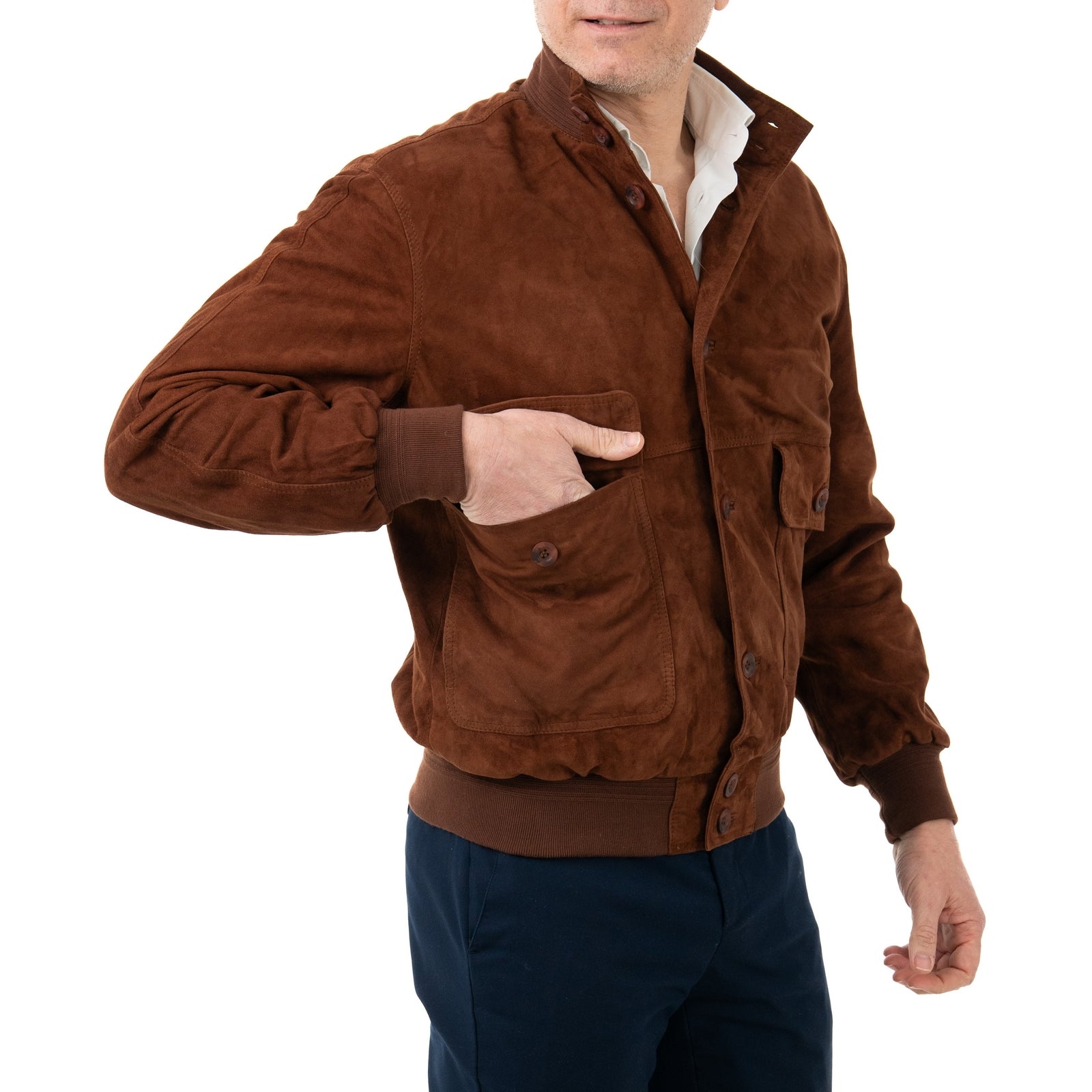 Giacca Bomber In Vera Pelle Camoscio Light Tabacco Uomo Slim Con Bottoni E Tasconi Rindway