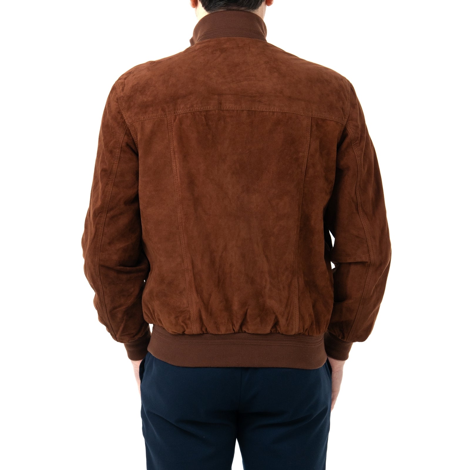Giacca Bomber In Vera Pelle Camoscio Light Tabacco Uomo Slim Con Bottoni E Tasconi Rindway