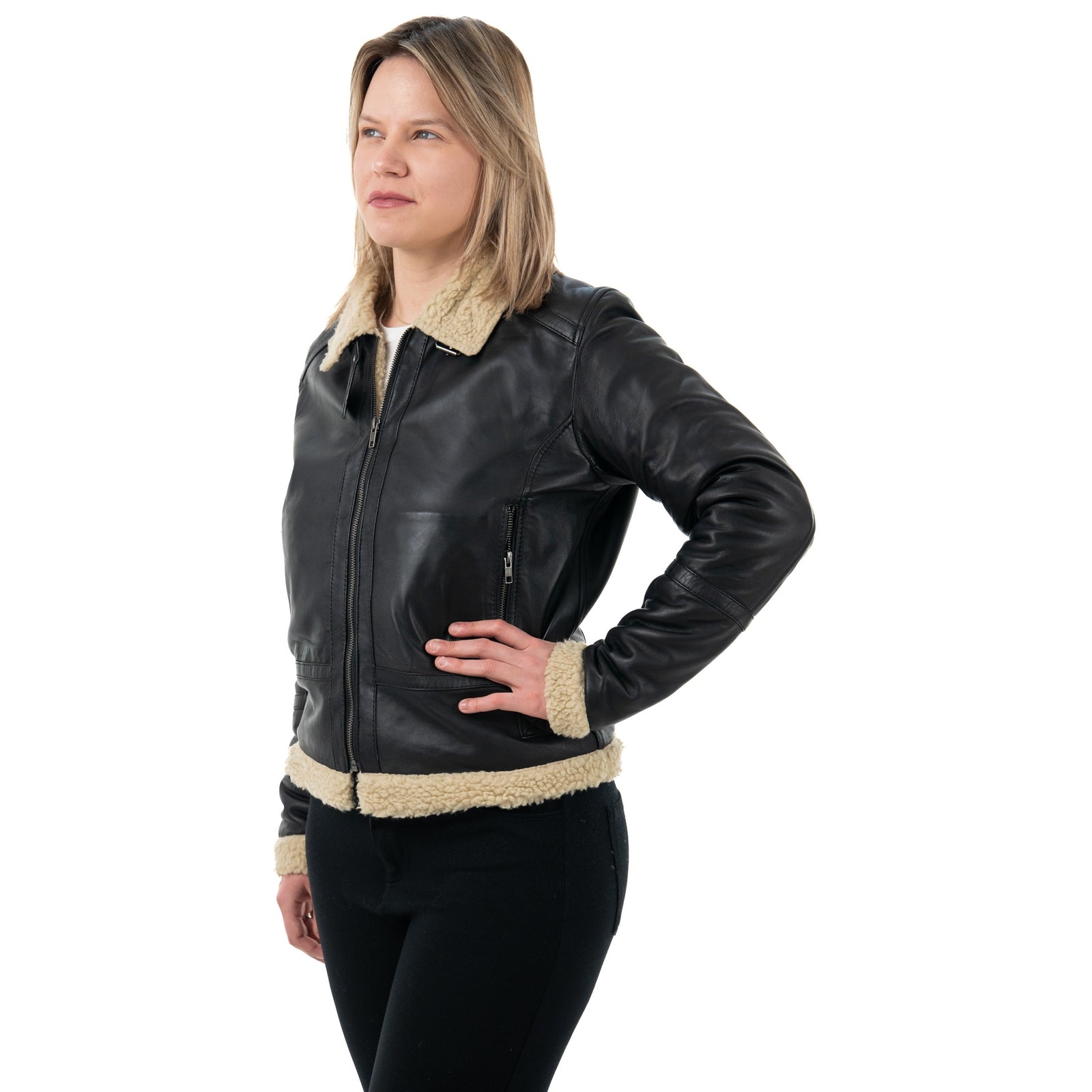 Giacca Biker In Vera Pelle Donna Slim Fit Corto In Stile Montone Collo Con Fibbia Cod.P09