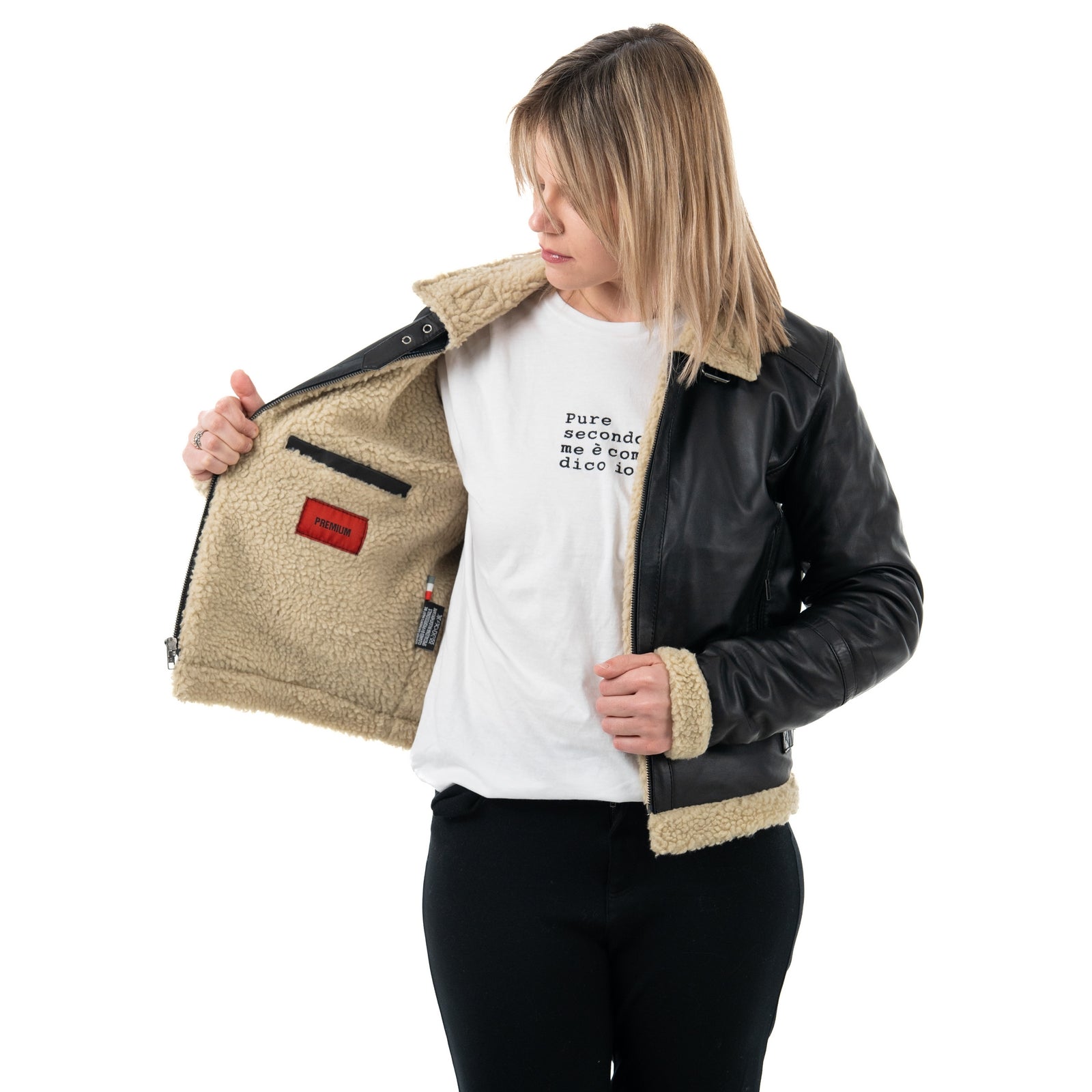 Giacca Biker In Vera Pelle Donna Slim Fit Corto In Stile Montone Collo Con Fibbia Cod.P09
