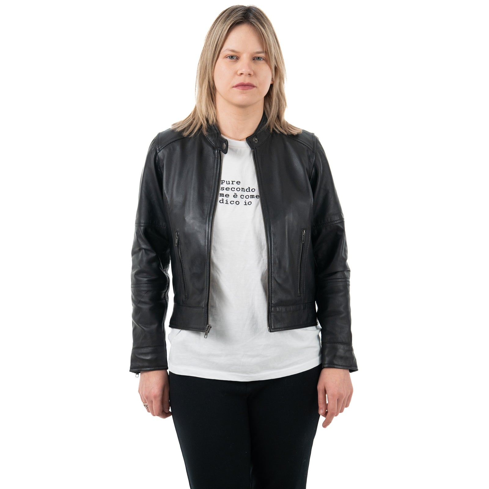 Giacca Biker In Vera Pelle Donna Slim Fit Corto Tasche Laterali Con Cerniera Cod.P07