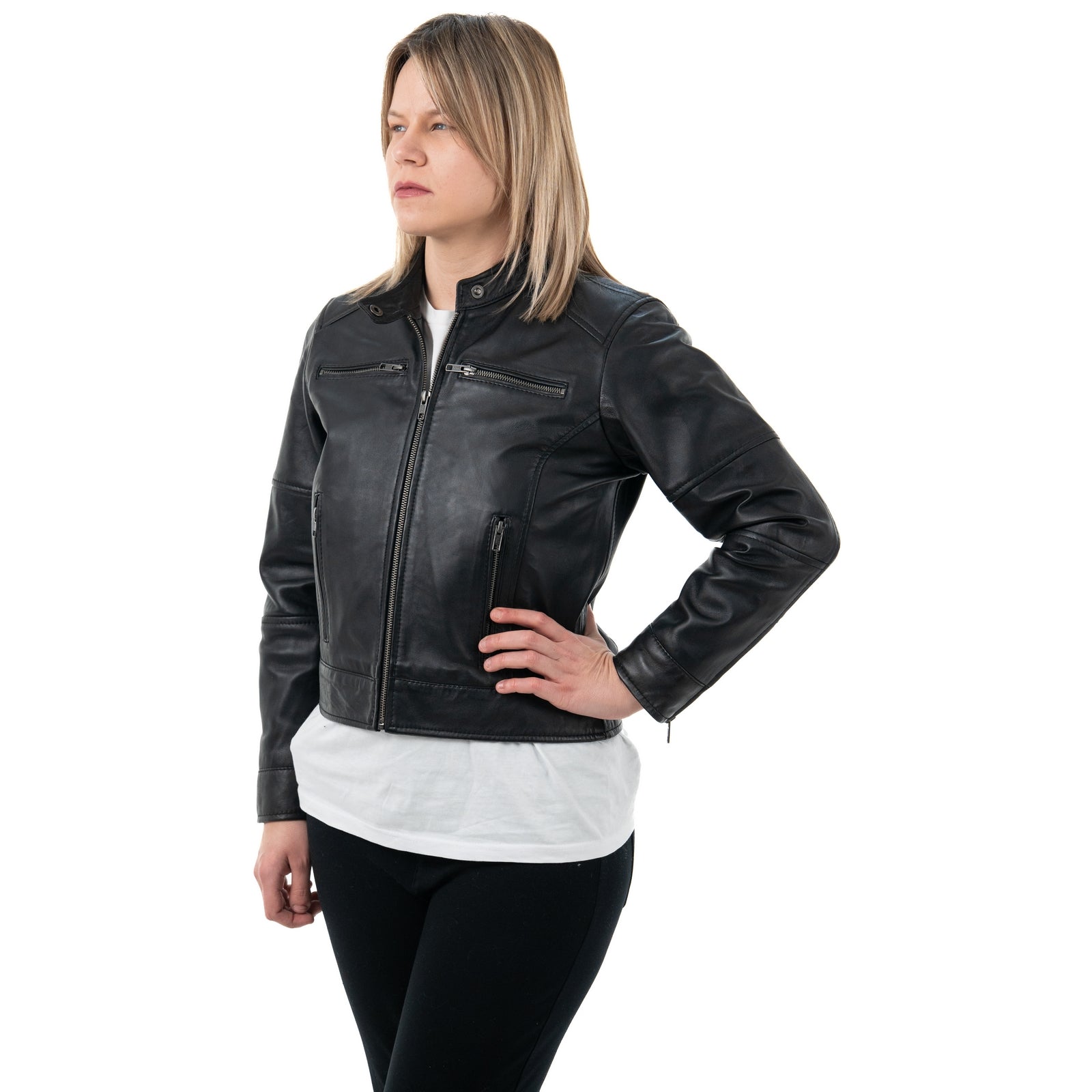 Giacca Biker In Vera Pelle Donna Slim Fit Corto Quattro Tasche Con Cerniera Cod.P08