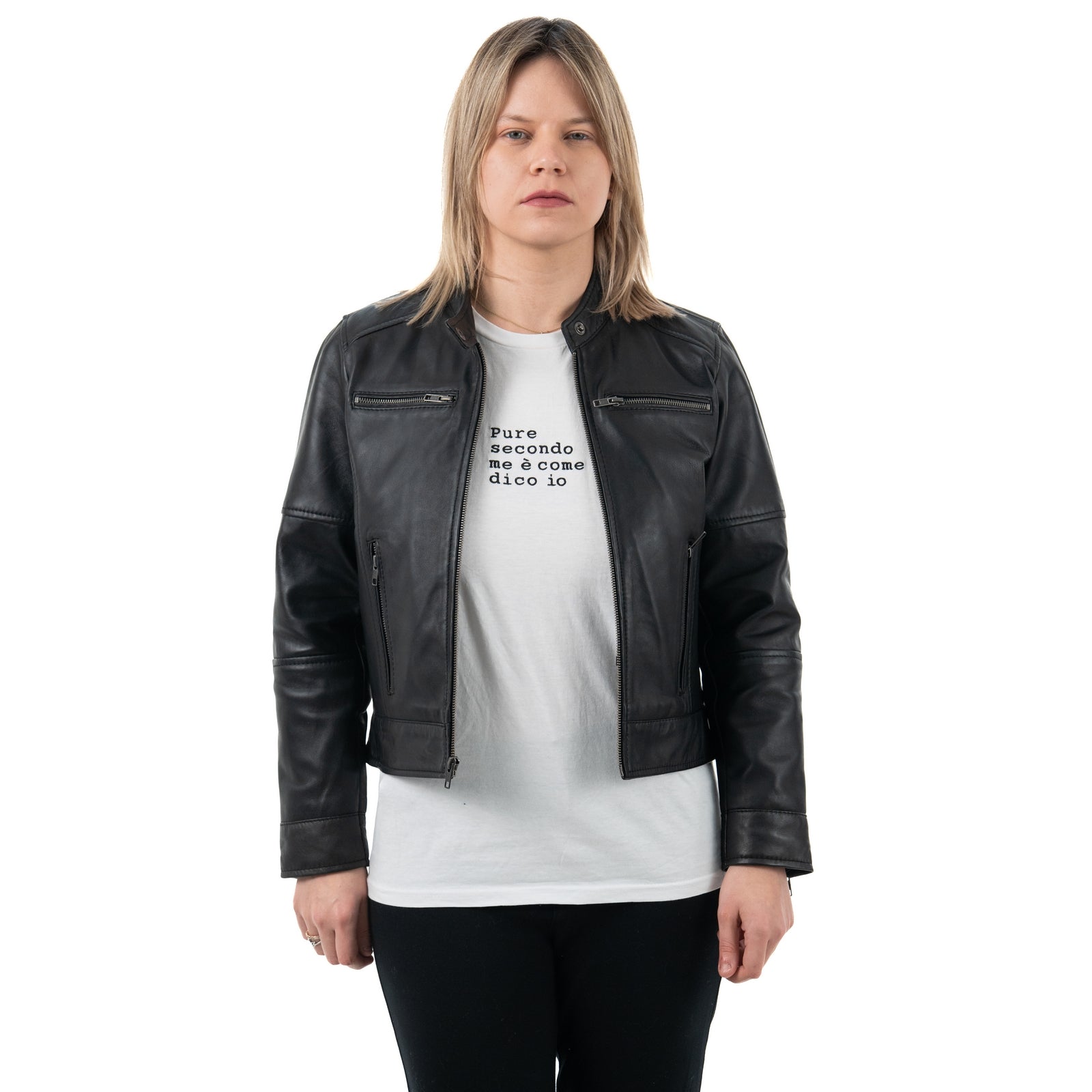 Giacca Biker In Vera Pelle Donna Slim Fit Corto Quattro Tasche Con Cerniera Cod.P08