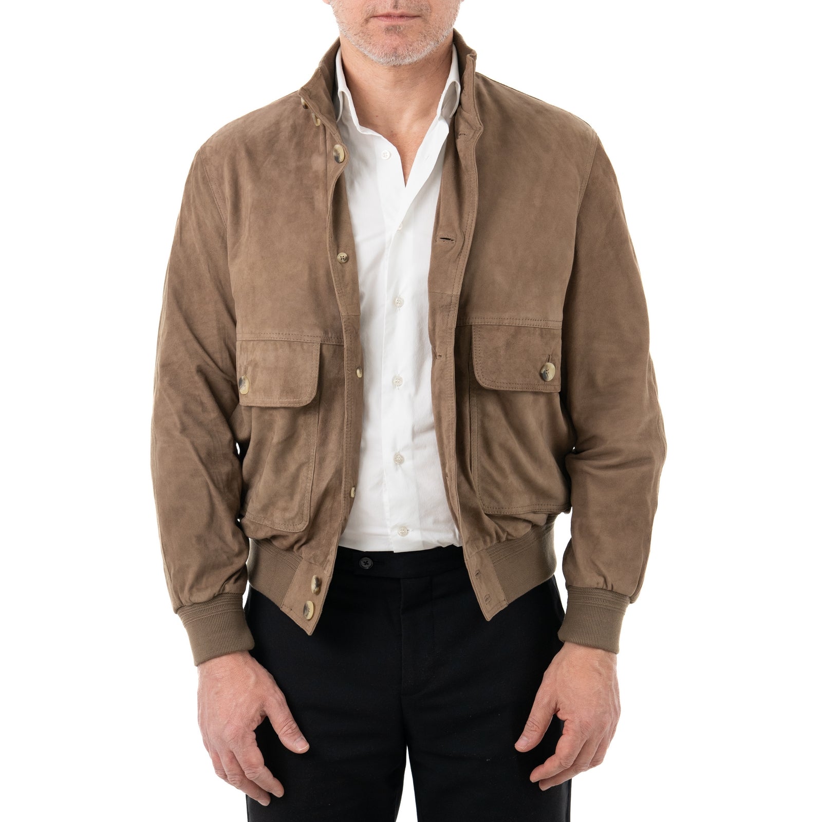 Slim Men's Bomber Jacket In Genuine Leather Suede Taupe With Buttons And Big Pockets Rindway