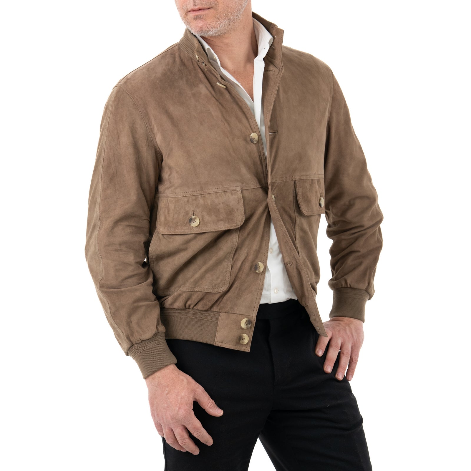 Slim Men's Bomber Jacket In Genuine Leather Suede Taupe With Buttons And Big Pockets Rindway