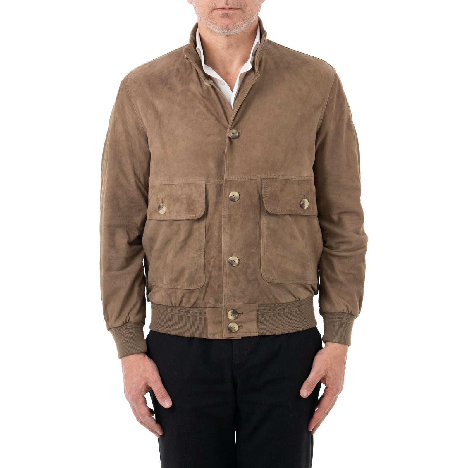 Slim Men's Bomber Jacket In Genuine Leather Suede Taupe With Buttons And Big Pockets Rindway