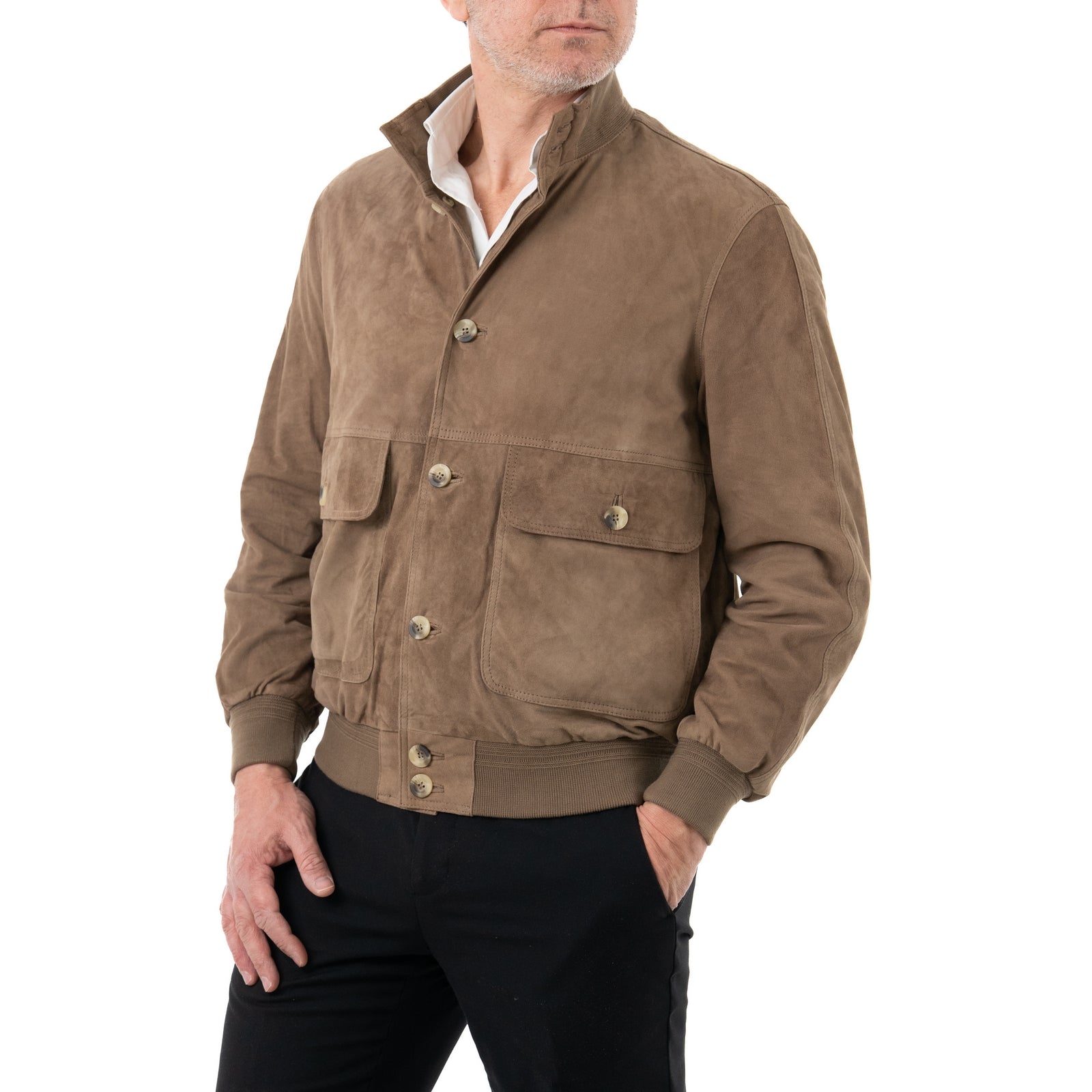 Slim Men's Bomber Jacket In Genuine Leather Suede Taupe With Buttons And Big Pockets Rindway