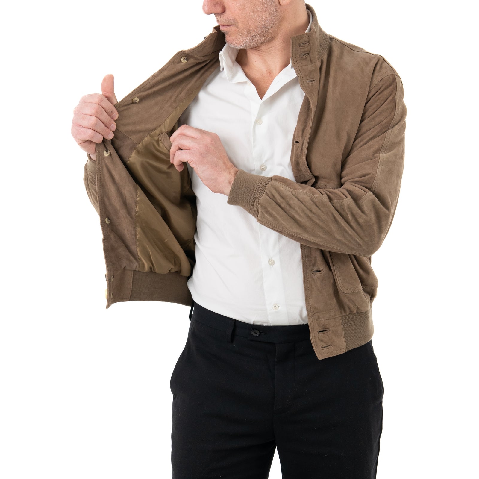 Slim Men's Bomber Jacket In Genuine Leather Suede Taupe With Buttons And Big Pockets Rindway