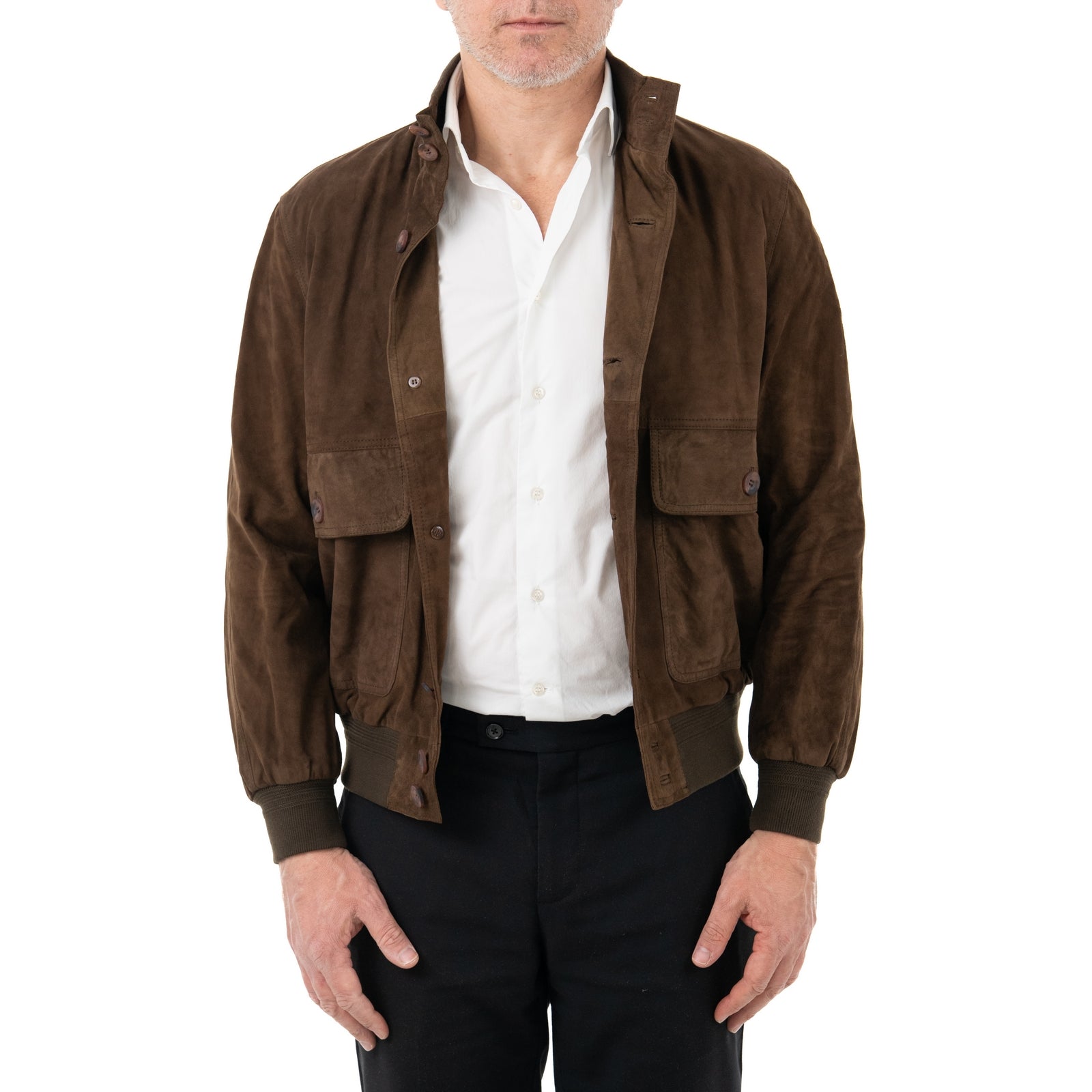 Giacca Bomber In Vera Pelle Camoscio Light MARRONE Uomo Slim Con Bottoni E Tasconi Rindway