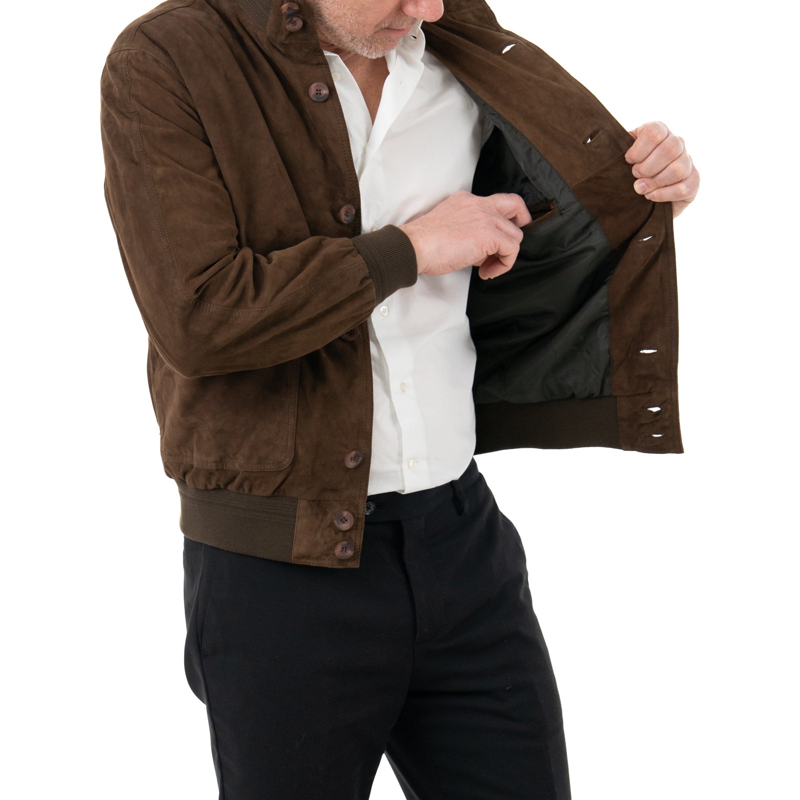 Giacca Bomber In Vera Pelle Camoscio Light MARRONE Uomo Slim Con Bottoni E Tasconi Rindway