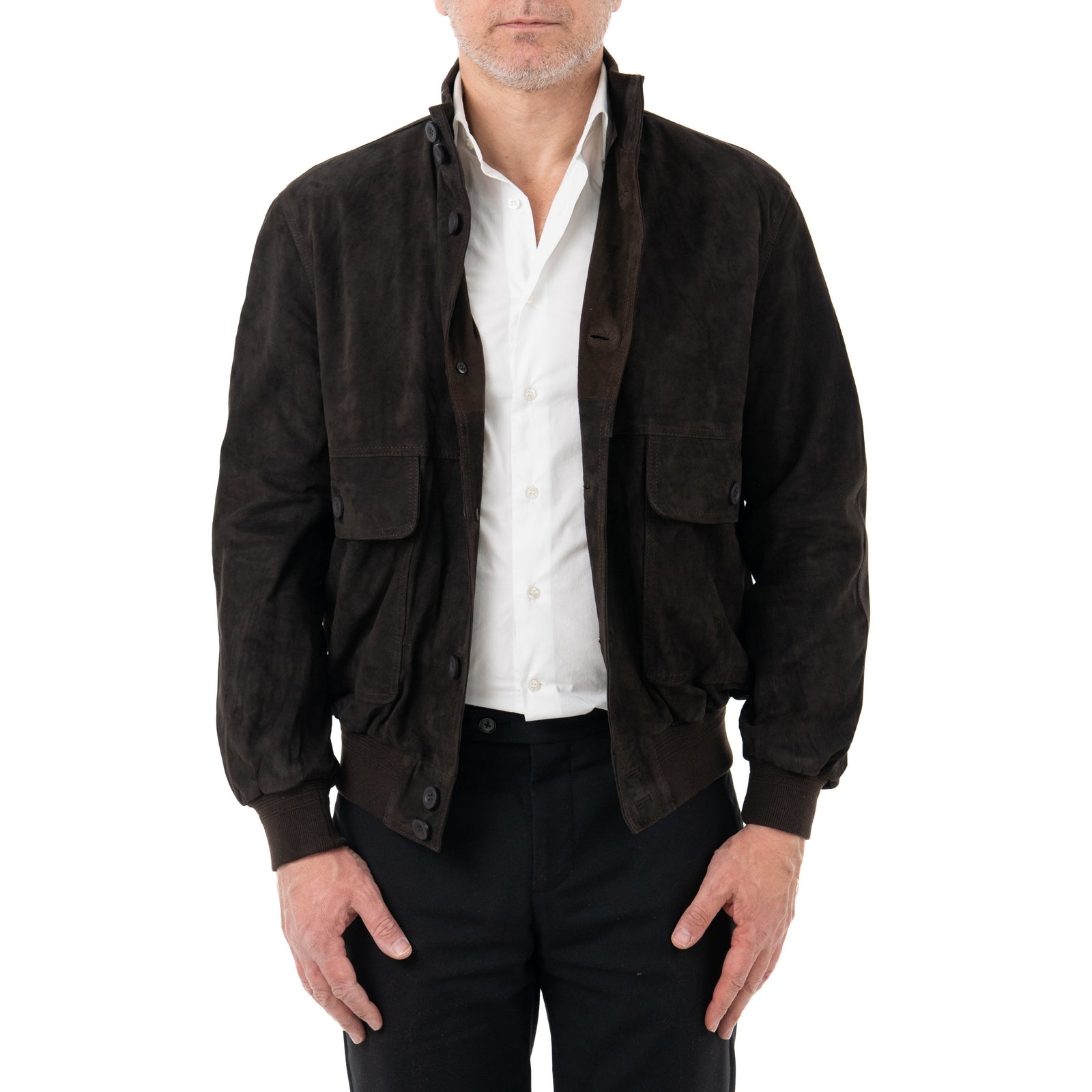 Giacca Bomber In Vera Pelle Camoscio Light Testa Di Moro Uomo Slim Con Bottoni E Tasconi Rindway