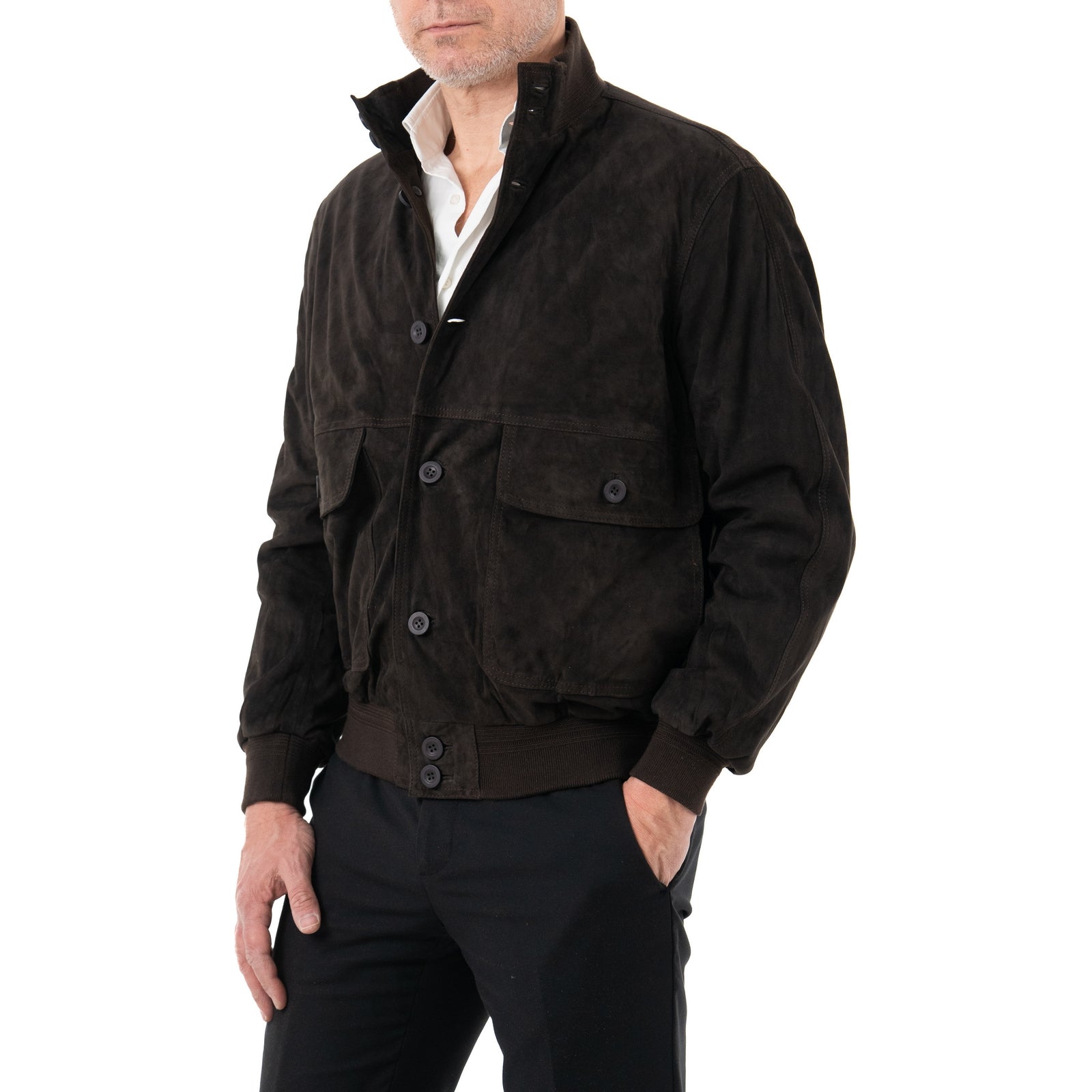 Giacca Bomber In Vera Pelle Camoscio Light Testa Di Moro Uomo Slim Con Bottoni E Tasconi Rindway
