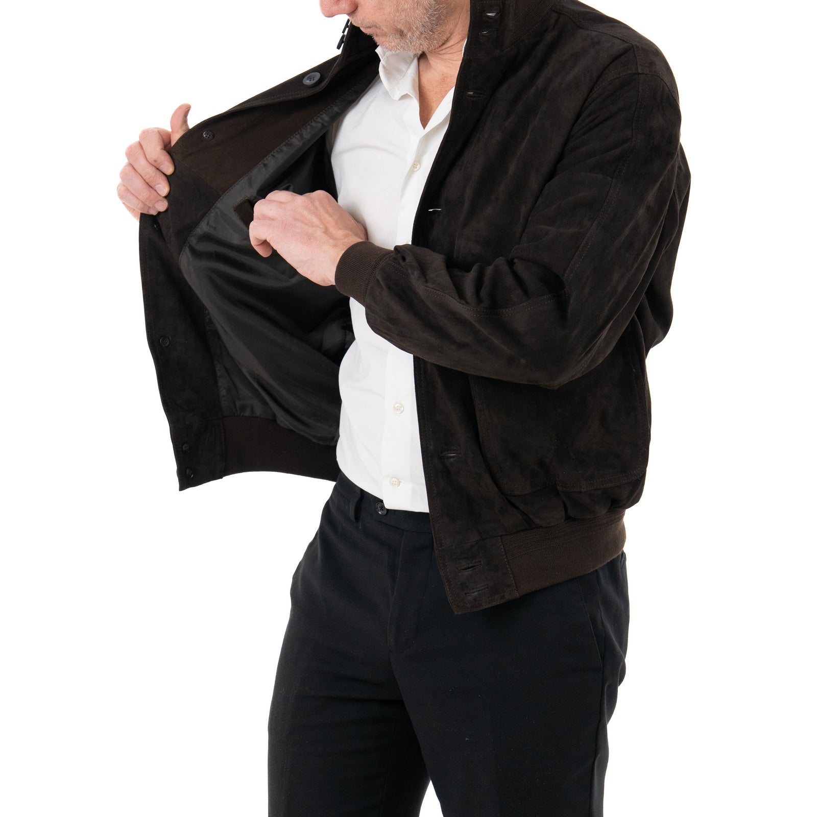 Giacca Bomber In Vera Pelle Camoscio Light Testa Di Moro Uomo Slim Con Bottoni E Tasconi Rindway