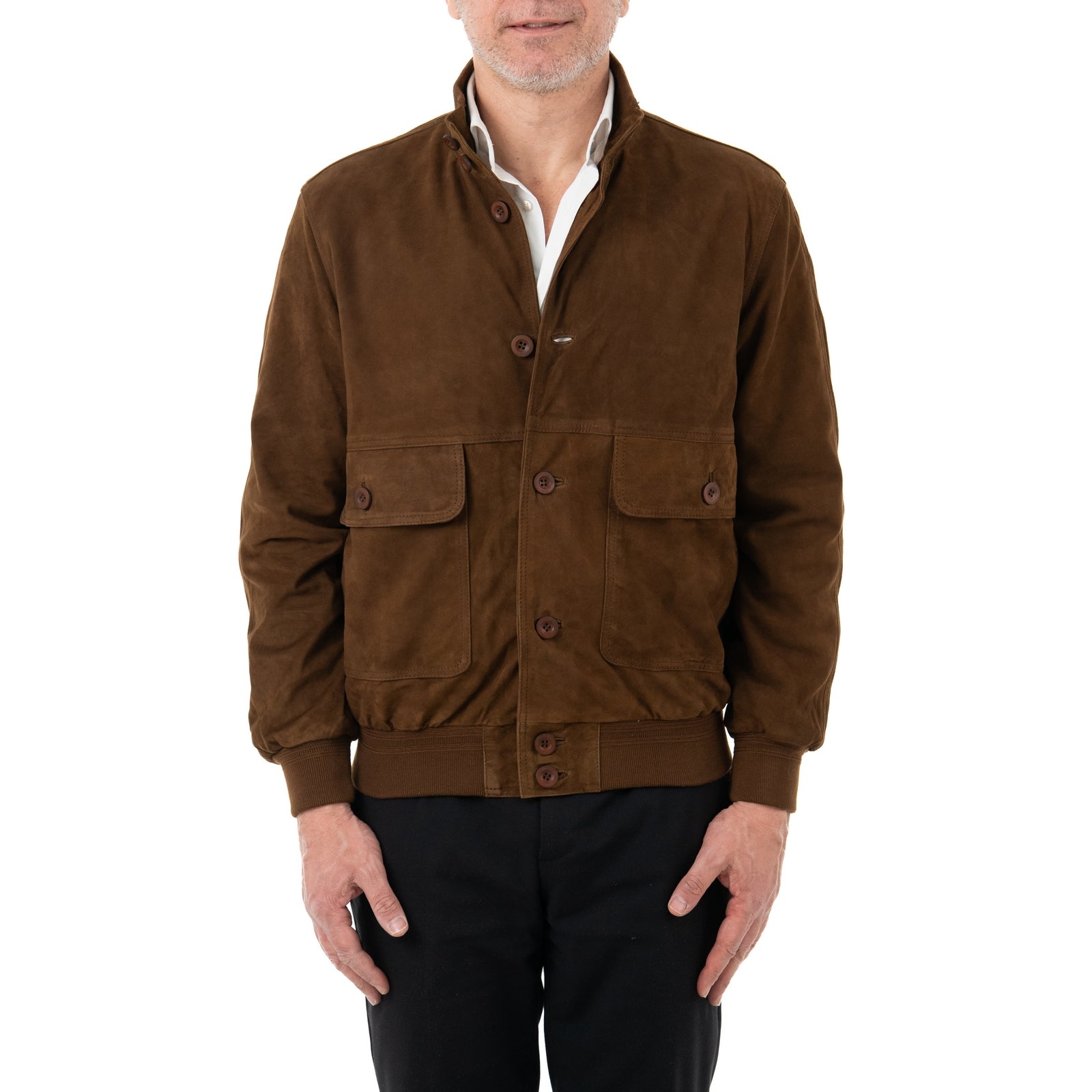 Giacca Bomber In Vera Pelle Camoscio Light Castagna Uomo Slim Con Bottoni E Tasconi Rindway