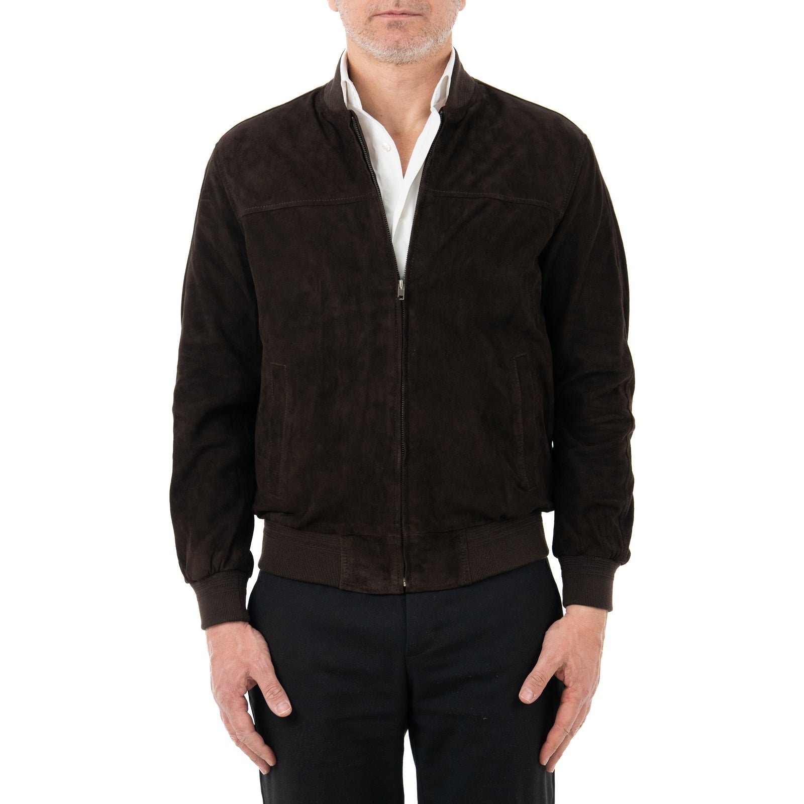 Giacca Bomber In Vera Pelle Camoscio Light Testa Di Moro Uomo Slim Con Cerniera Rindway