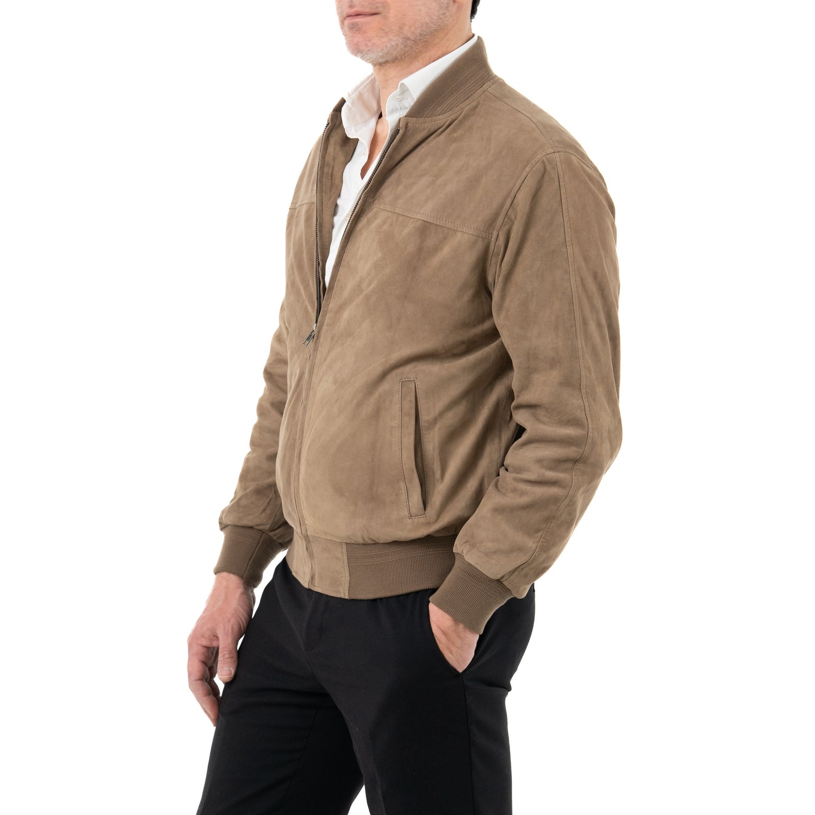 Giacca Bomber In Vera Pelle Camoscio Light Taupe Uomo Slim Con Cerniera Rindway