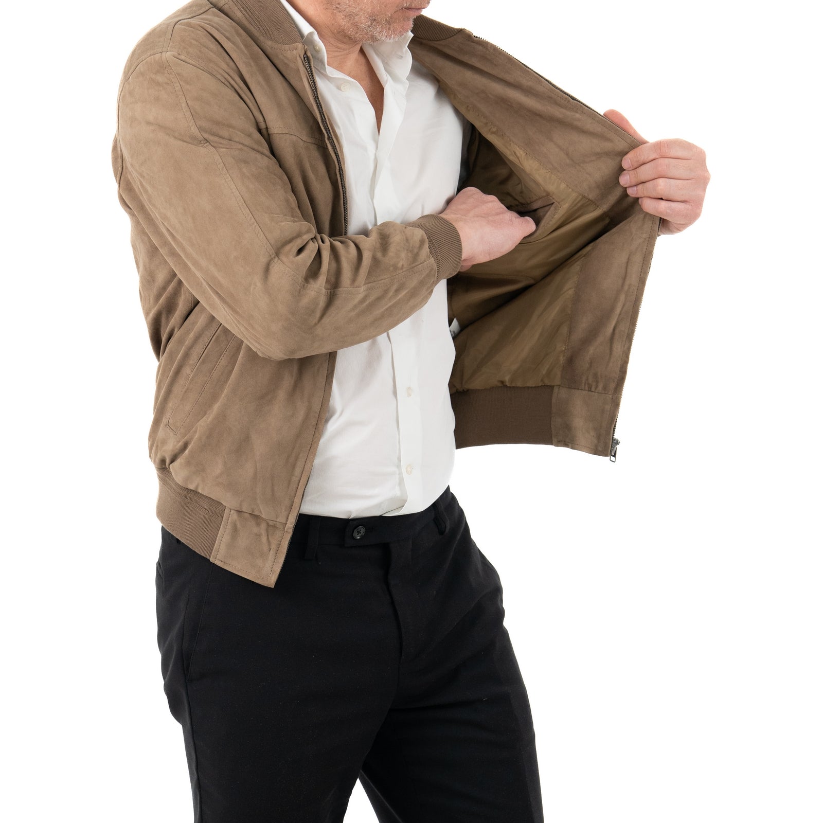 Giacca Bomber In Vera Pelle Camoscio Light Taupe Uomo Slim Con Cerniera Rindway