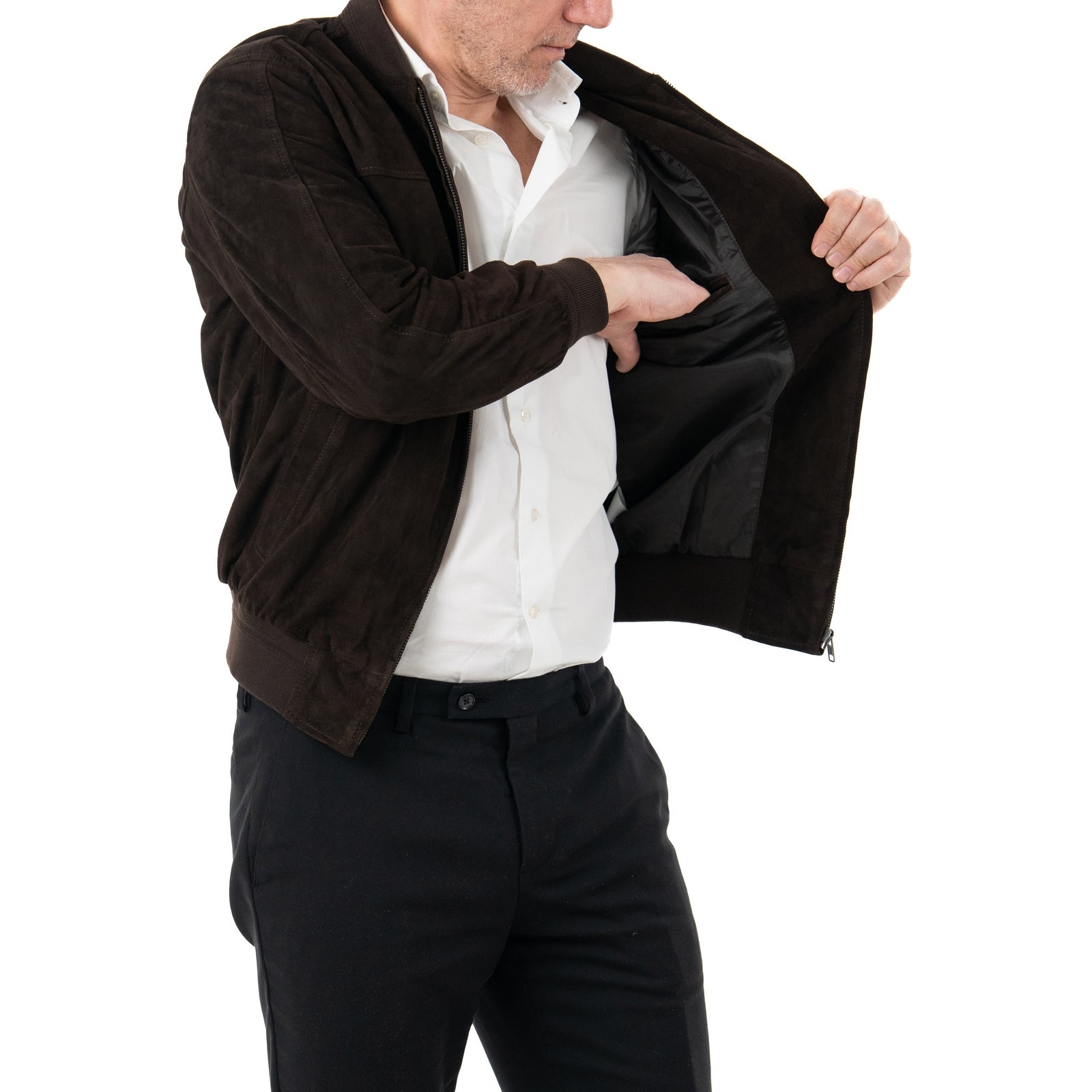 Giacca Bomber In Vera Pelle Camoscio Light Testa Di Moro Uomo Slim Con Cerniera Rindway
