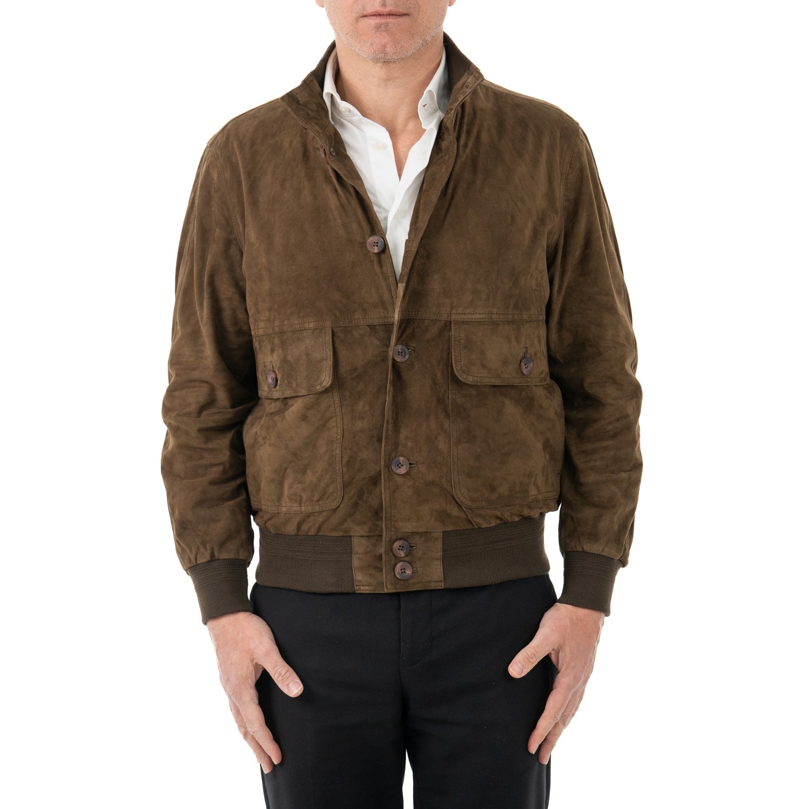 Giacca Bomber In Vera Pelle Camoscio Light Fango Uomo Slim Con Bottoni E Tasconi Rindway