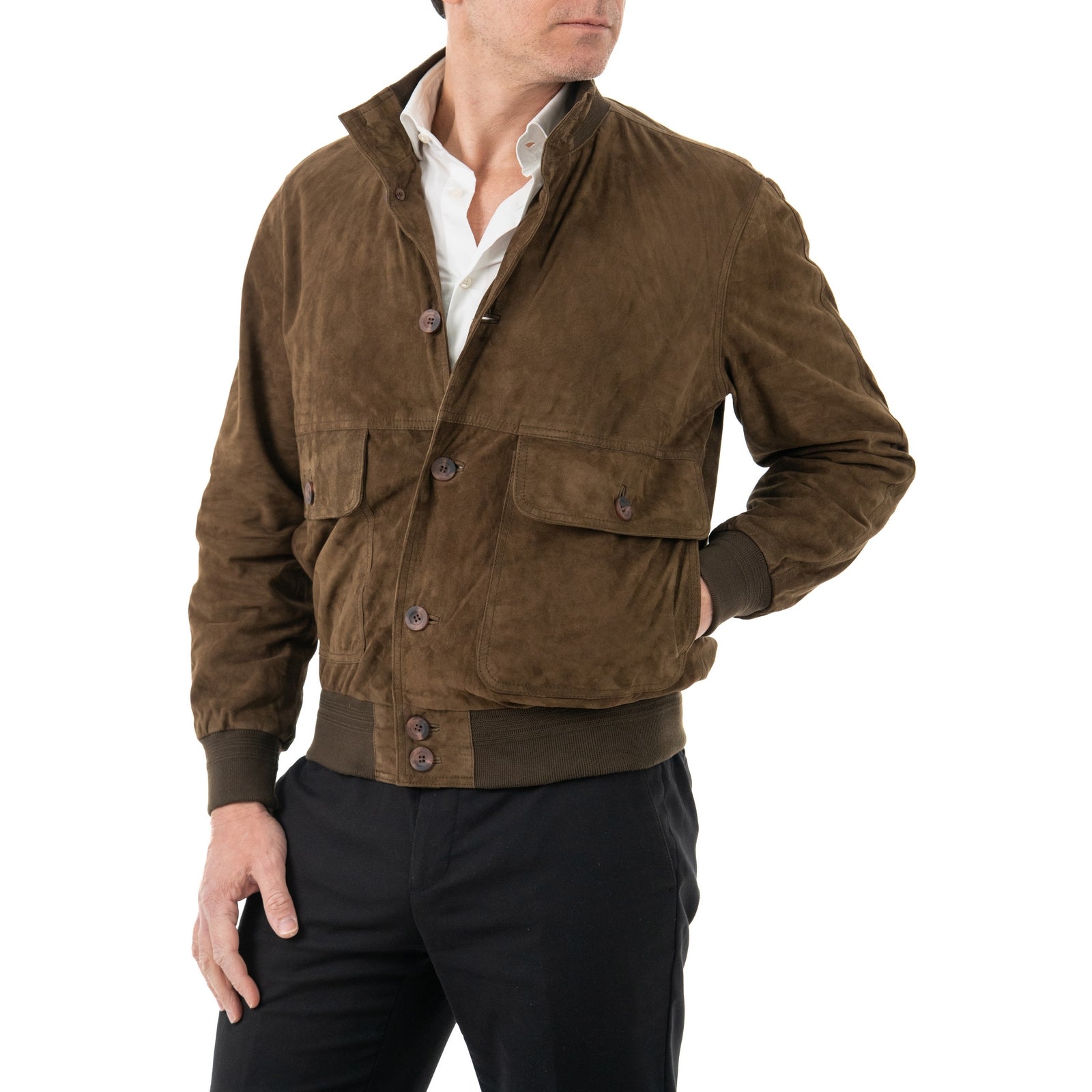 Giacca Bomber In Vera Pelle Camoscio Light Fango Uomo Slim Con Bottoni E Tasconi Rindway