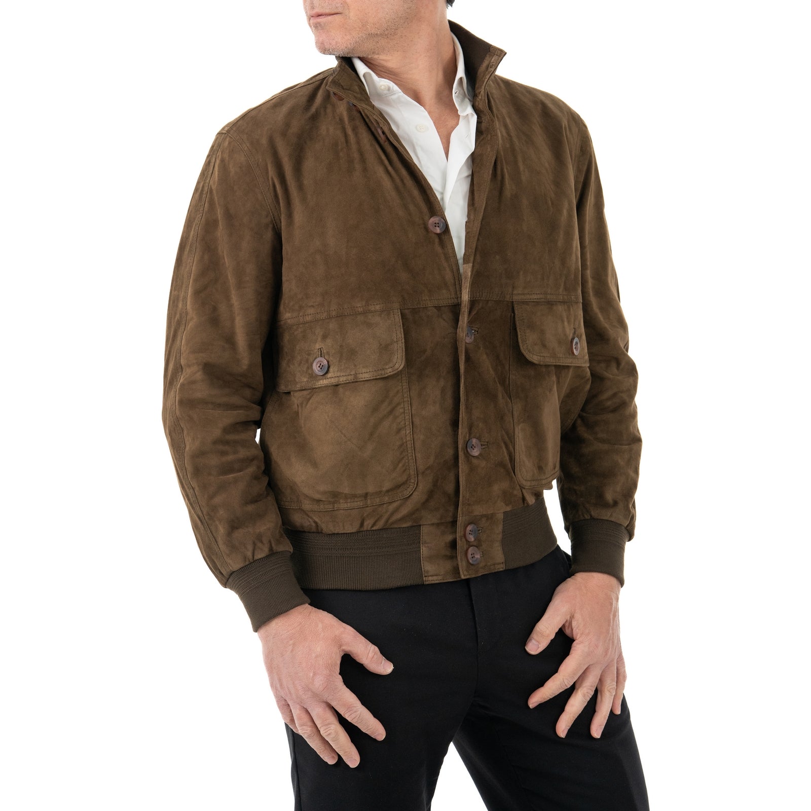 Giacca Bomber In Vera Pelle Camoscio Light Fango Uomo Slim Con Bottoni E Tasconi Rindway