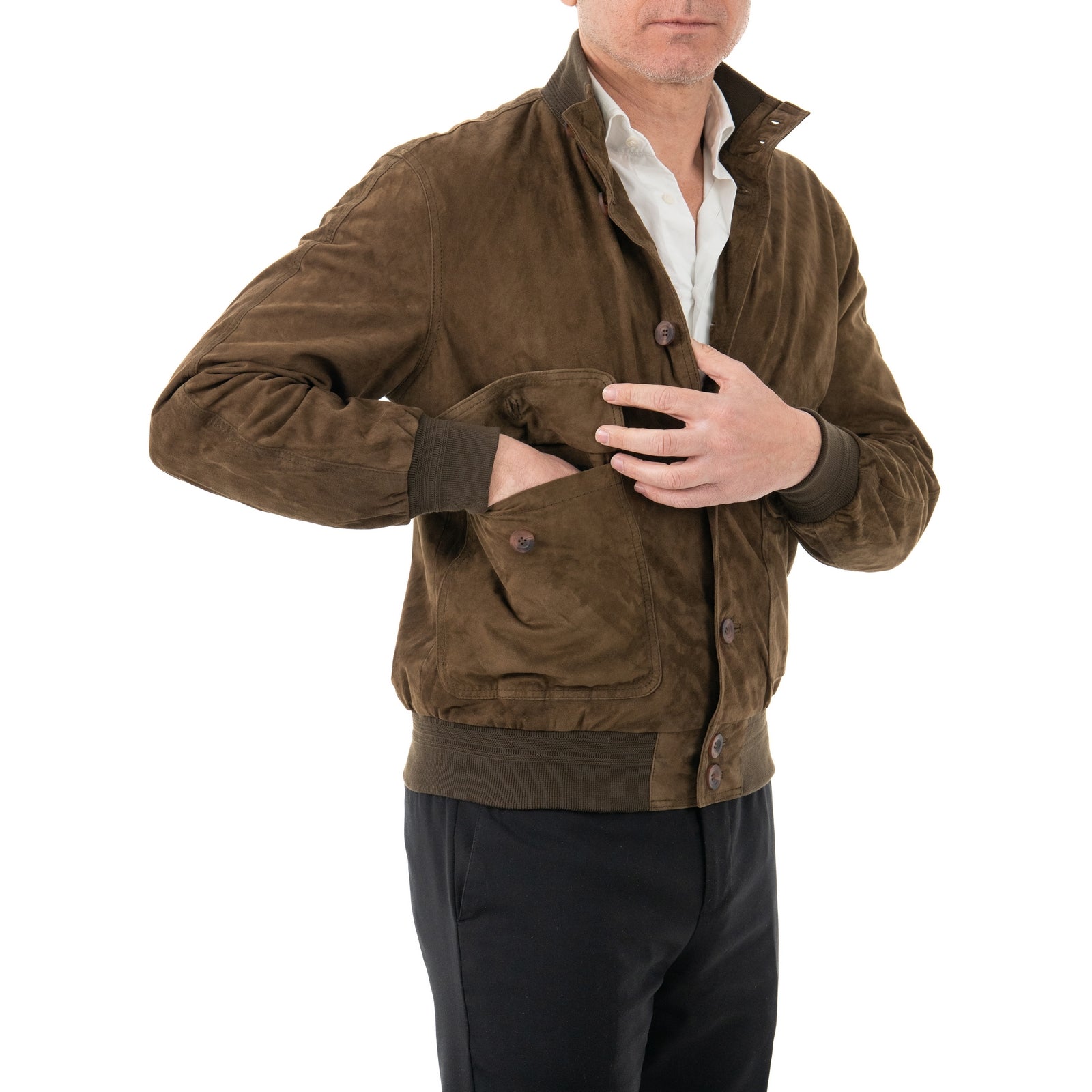 Giacca Bomber In Vera Pelle Camoscio Light Fango Uomo Slim Con Bottoni E Tasconi Rindway