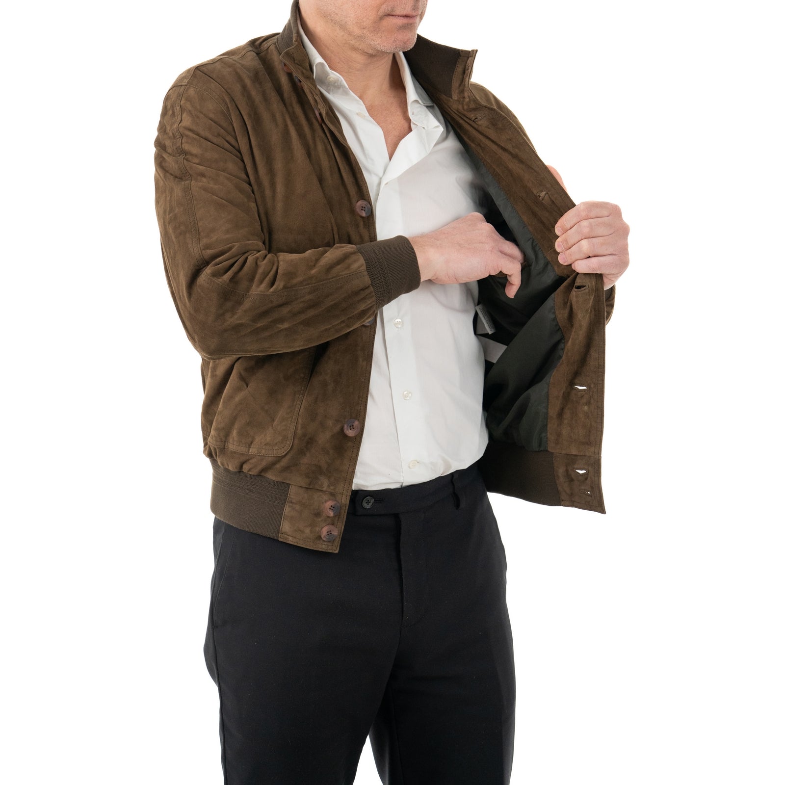 Giacca Bomber In Vera Pelle Camoscio Light Fango Uomo Slim Con Bottoni E Tasconi Rindway