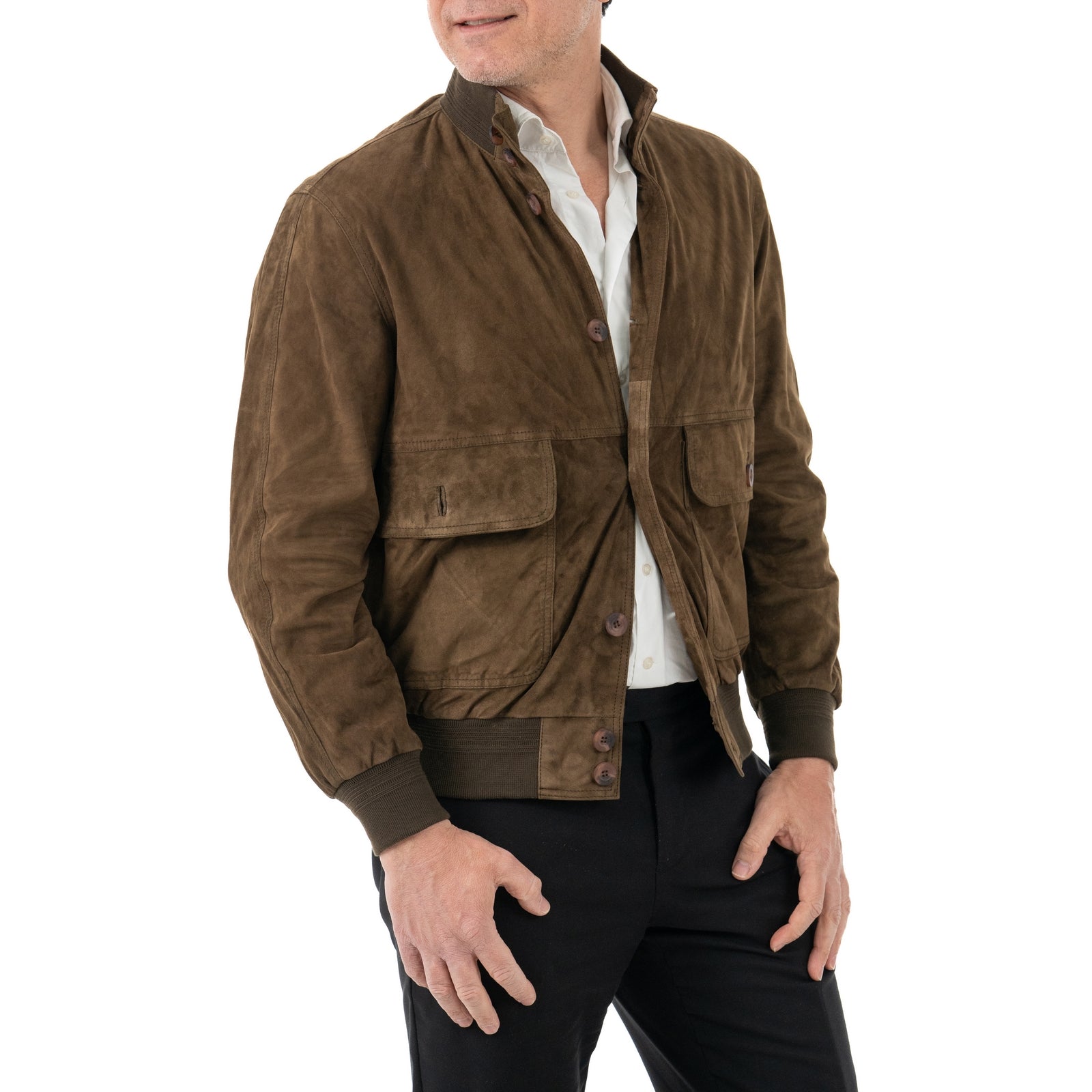 Giacca Bomber In Vera Pelle Camoscio Light Fango Uomo Slim Con Bottoni E Tasconi Rindway