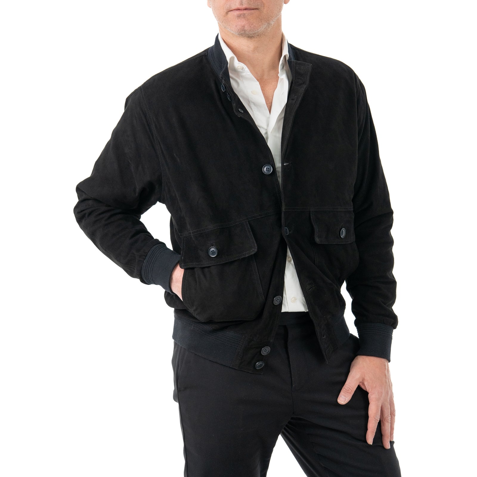Giacca Bomber In Vera Pelle Camoscio Light Notte Uomo Slim Con Bottoni E Tasconi Rindway