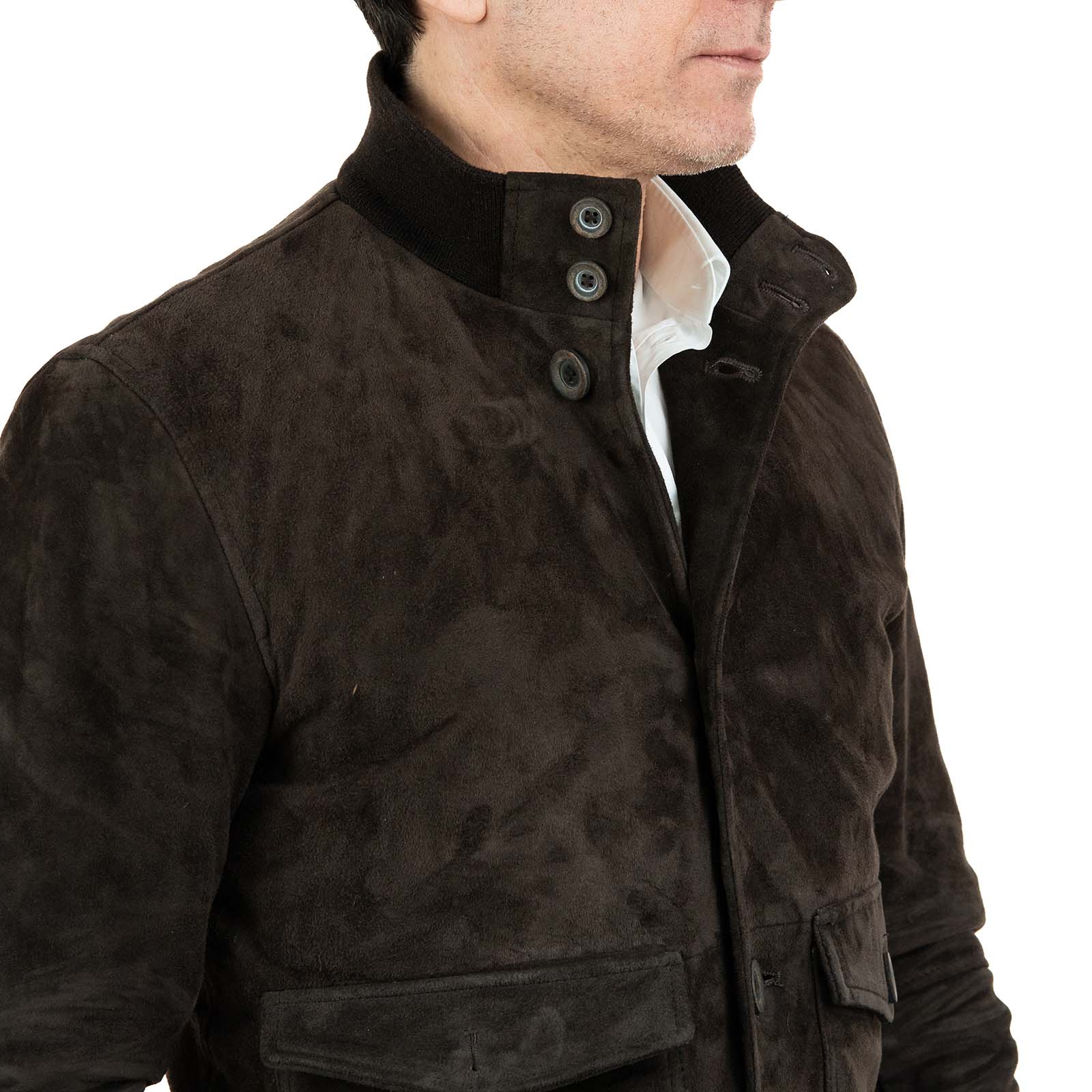 Giacca Bomber In Vera Pelle Camoscio Marrone Uomo Slim Con Bottoni E Tasconi Rindway