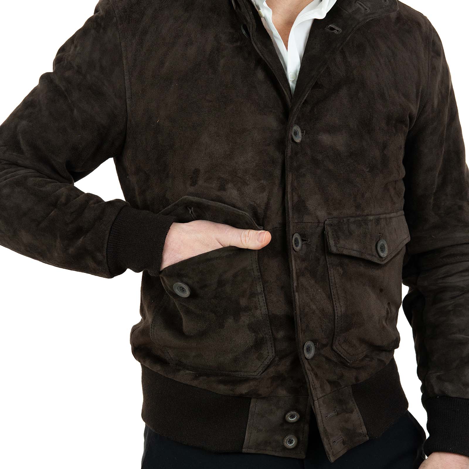 Giacca Bomber In Vera Pelle Camoscio Marrone Uomo Slim Con Bottoni E Tasconi Rindway